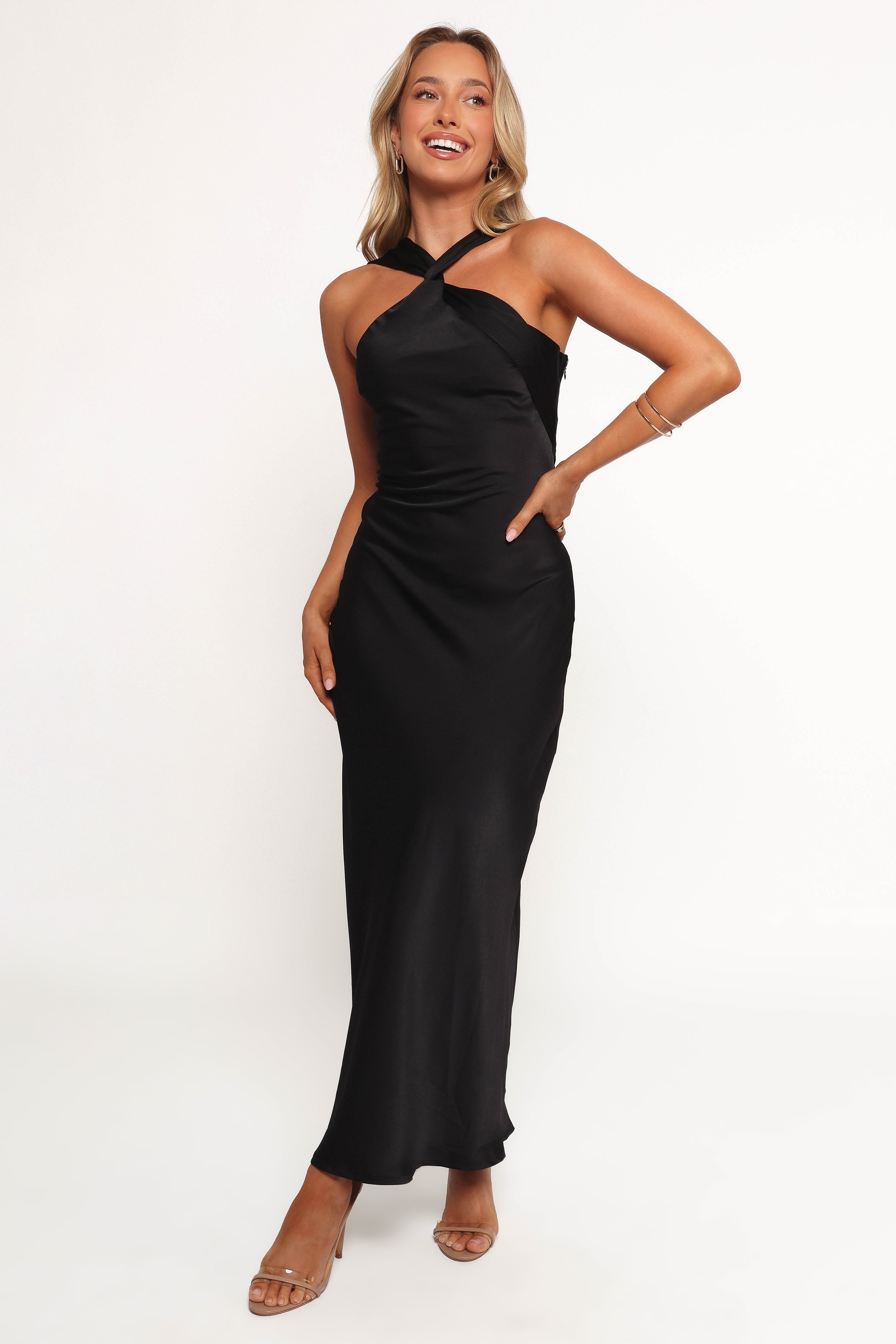 Black Satin Donata Maxi Dress with Halter Neckline