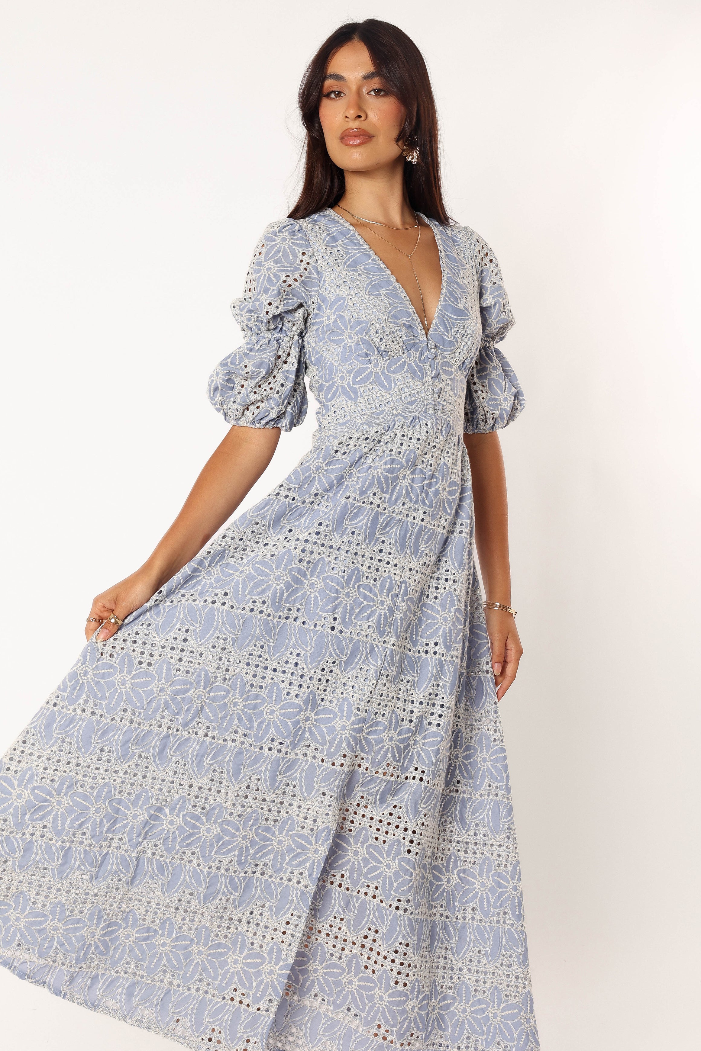 Blue V-Neck Midi Dress with Lace Detail - Cotton Blend