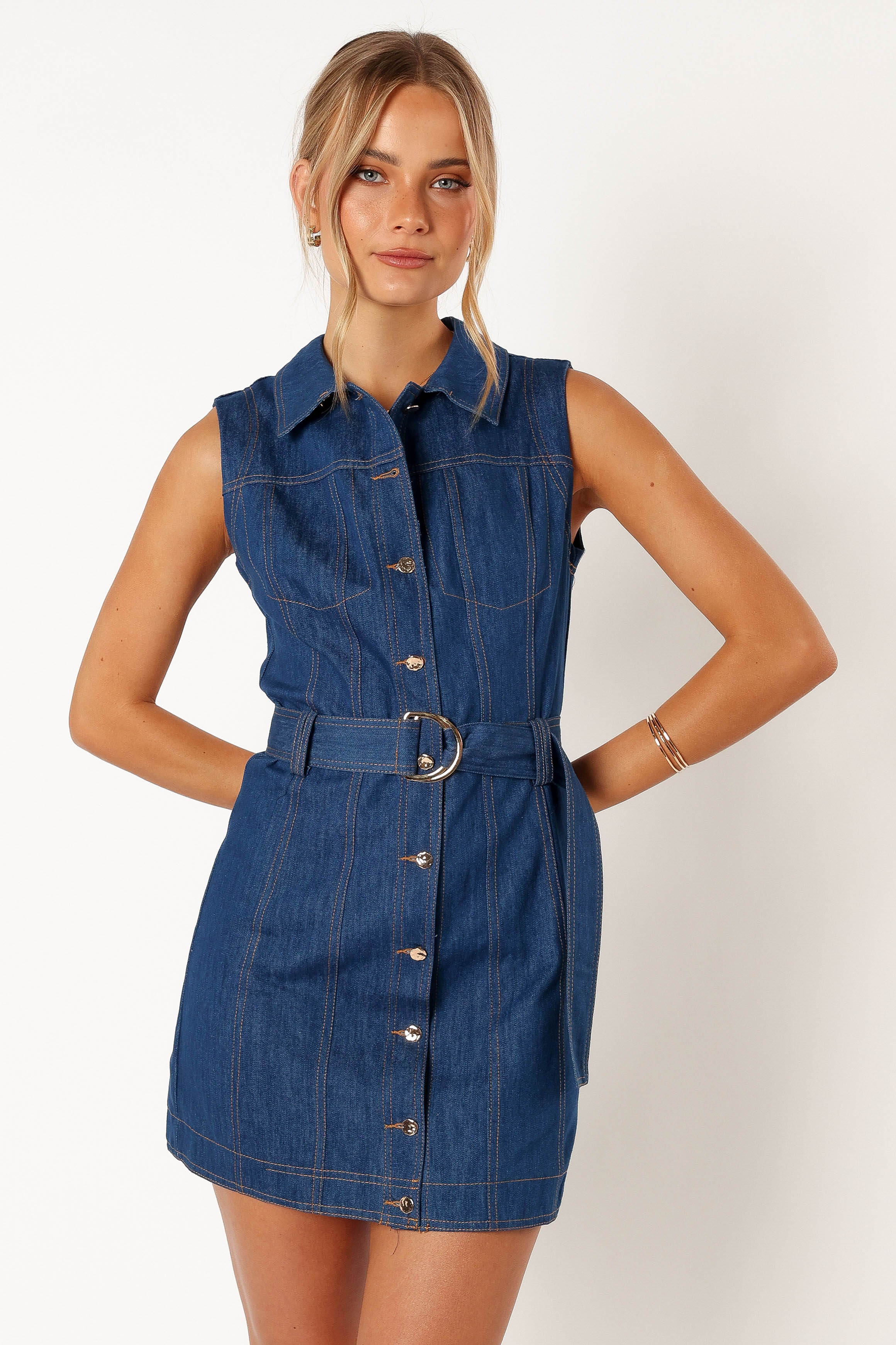 Parker Denim Mini Dress with Detachable Belt - Sleeveless Collared Style