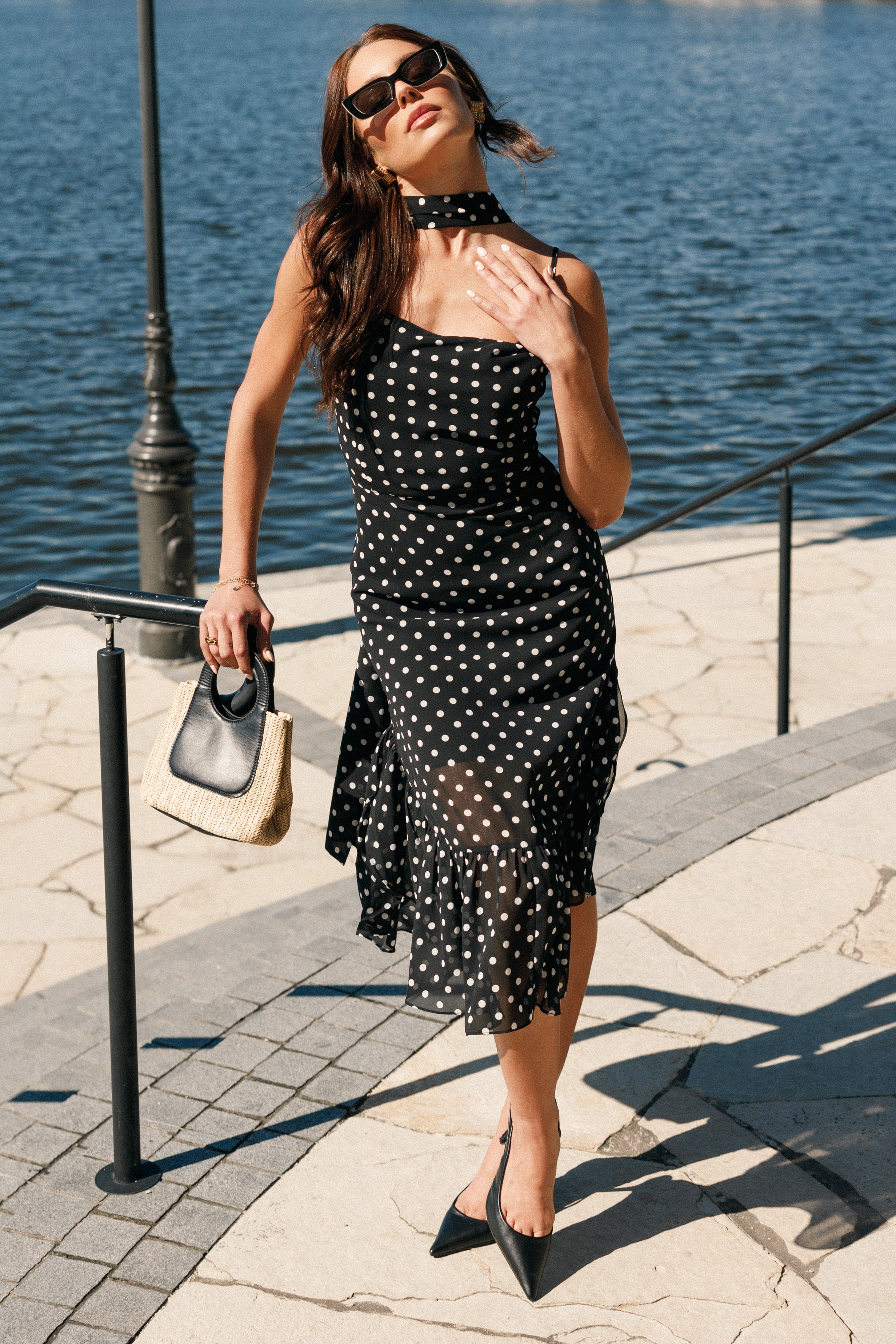 Black Polka Dot Francesca Midi Dress with Cowl Neck & Ruffle Hem