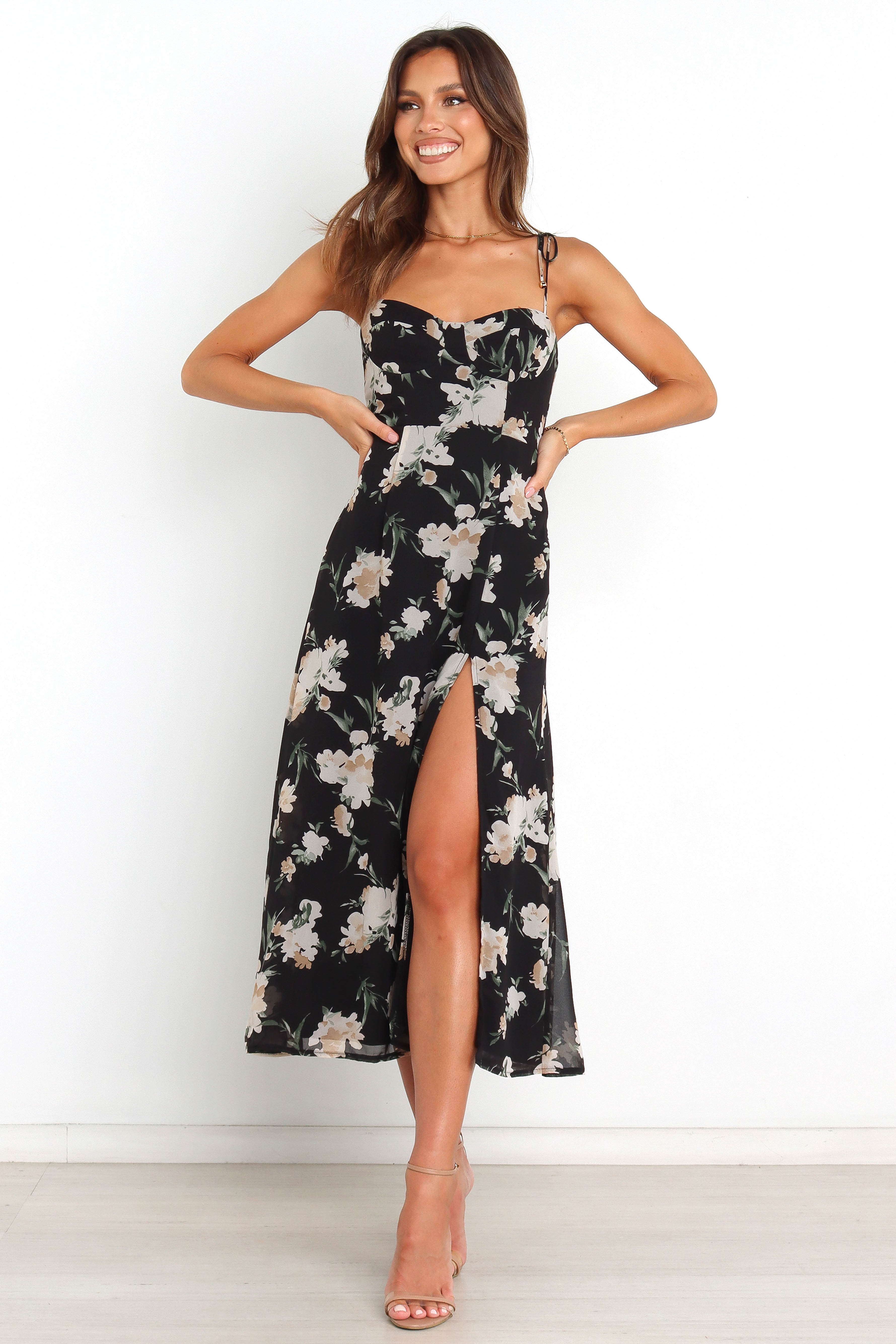 Floral Midi Dress with Sweetheart Neckline - Black