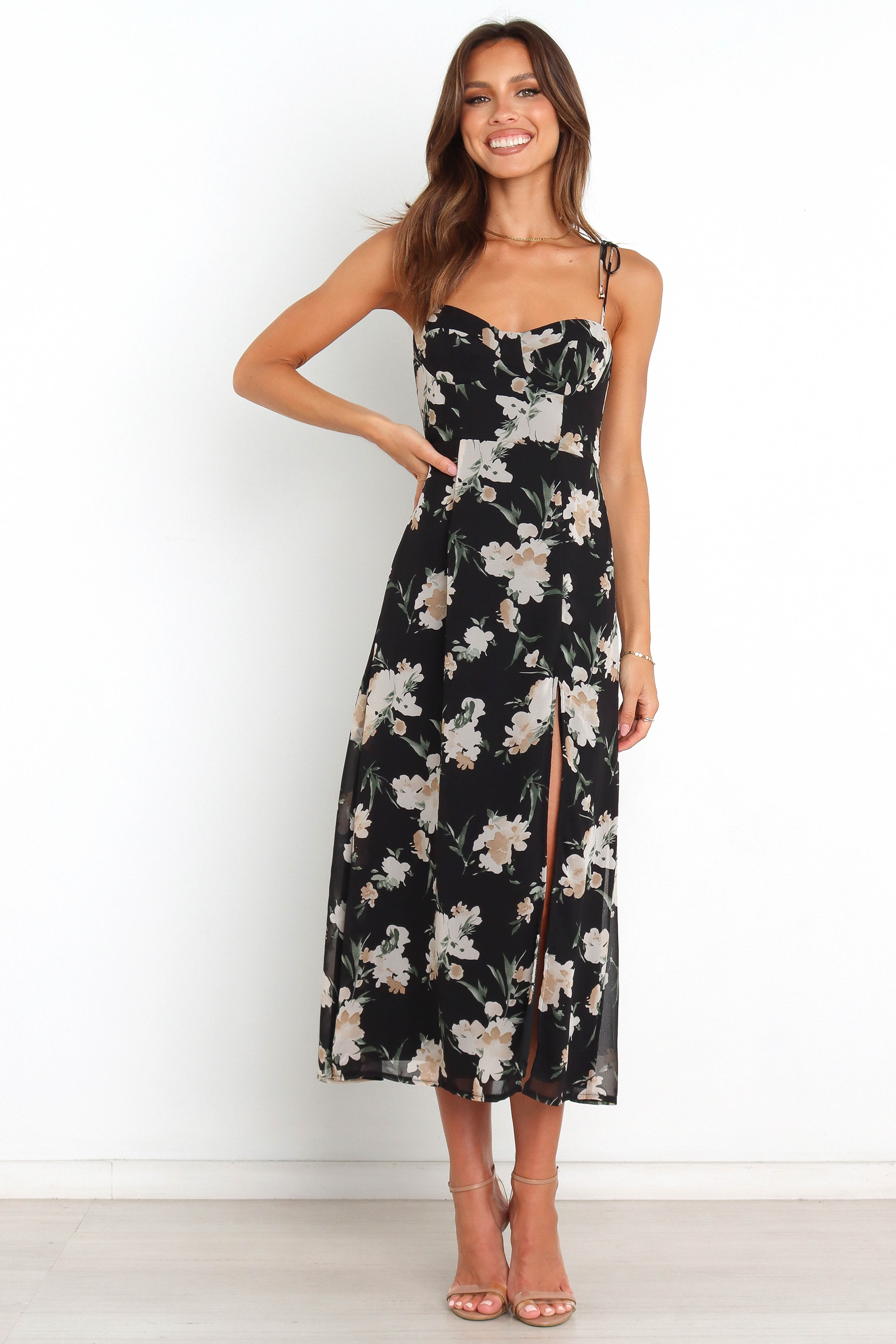 Floral Midi Dress with Sweetheart Neckline - Black