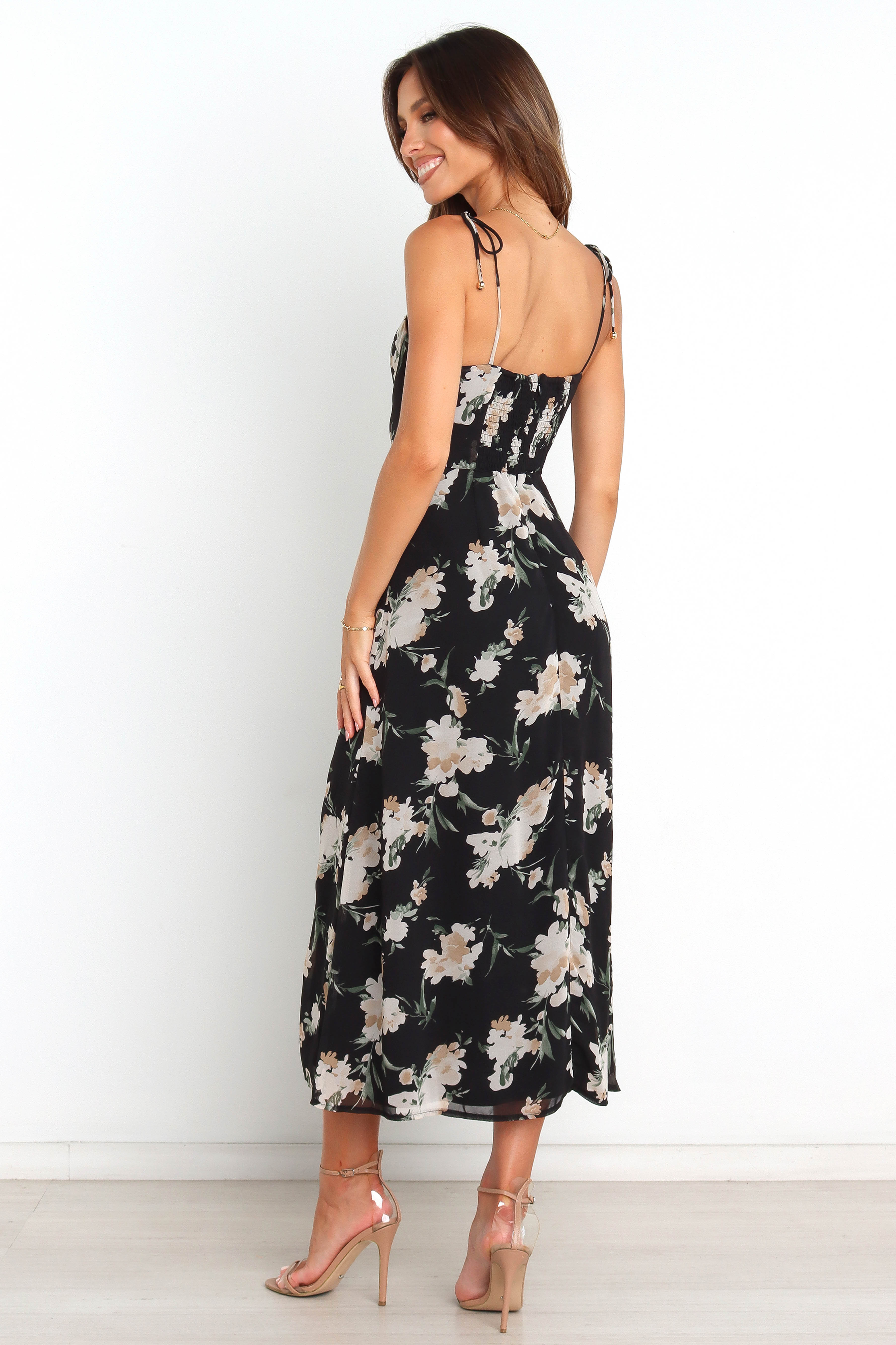 Floral Midi Dress with Sweetheart Neckline - Black