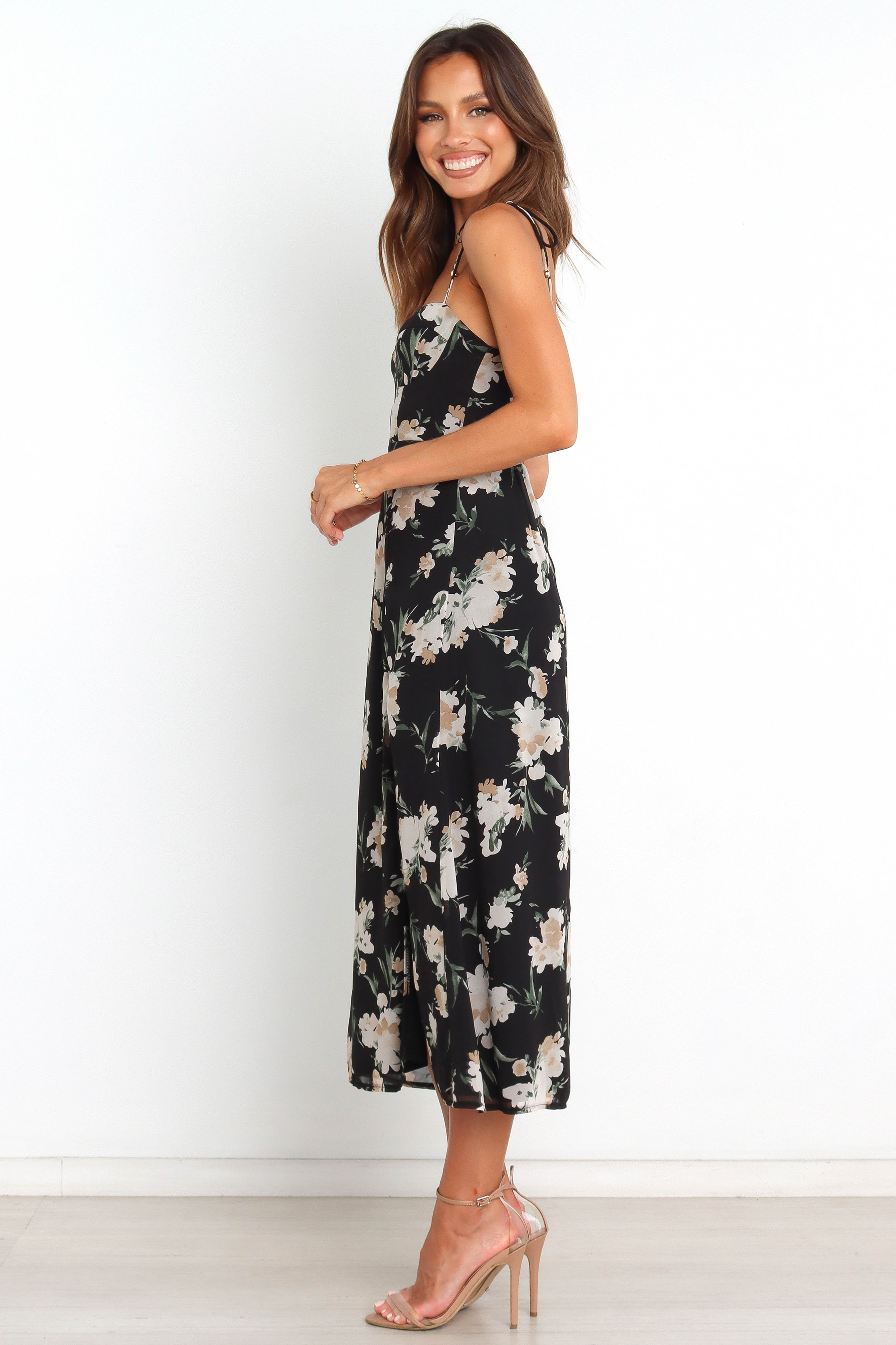 Floral Midi Dress with Sweetheart Neckline - Black