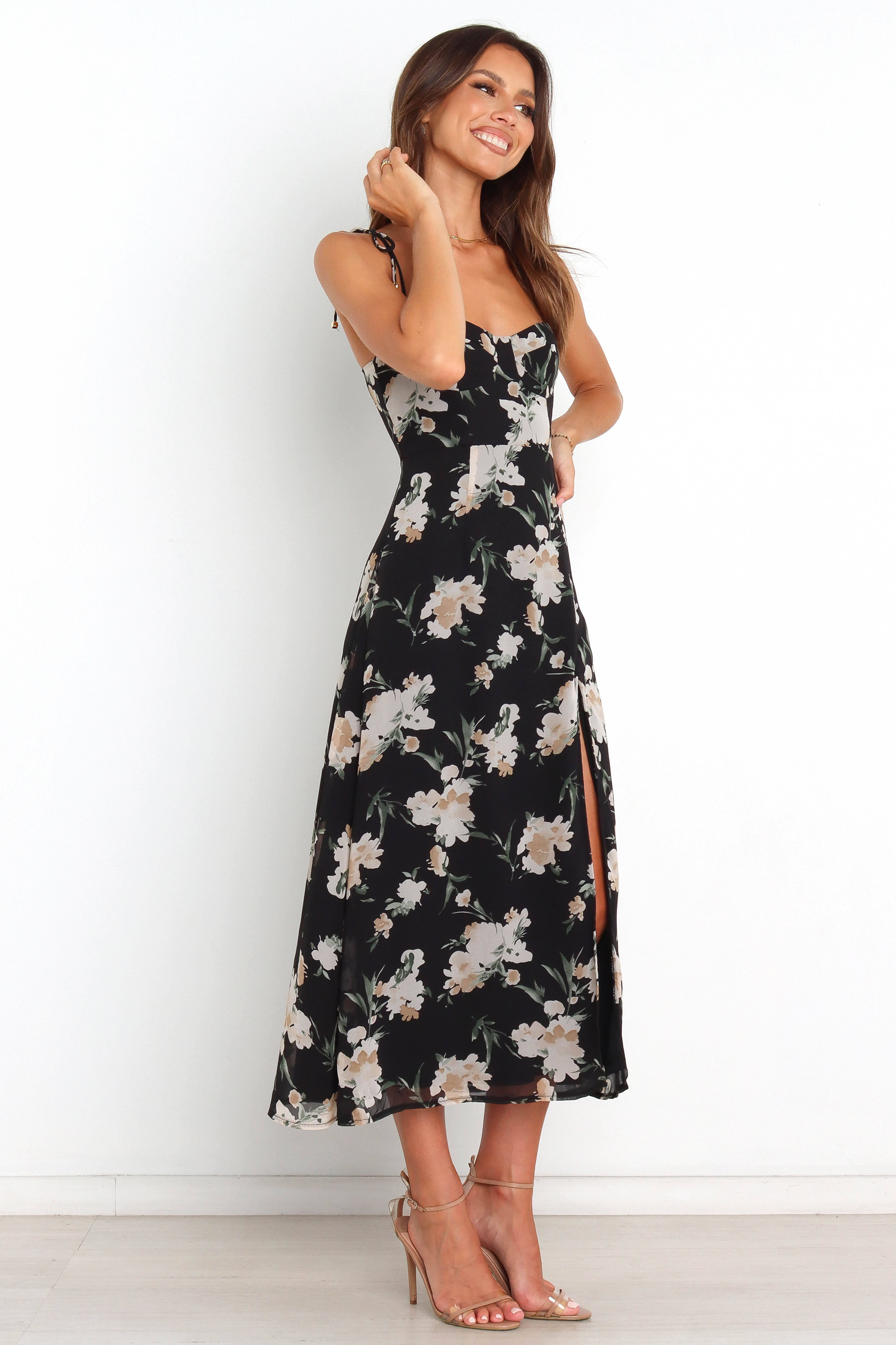 Floral Midi Dress with Sweetheart Neckline - Black