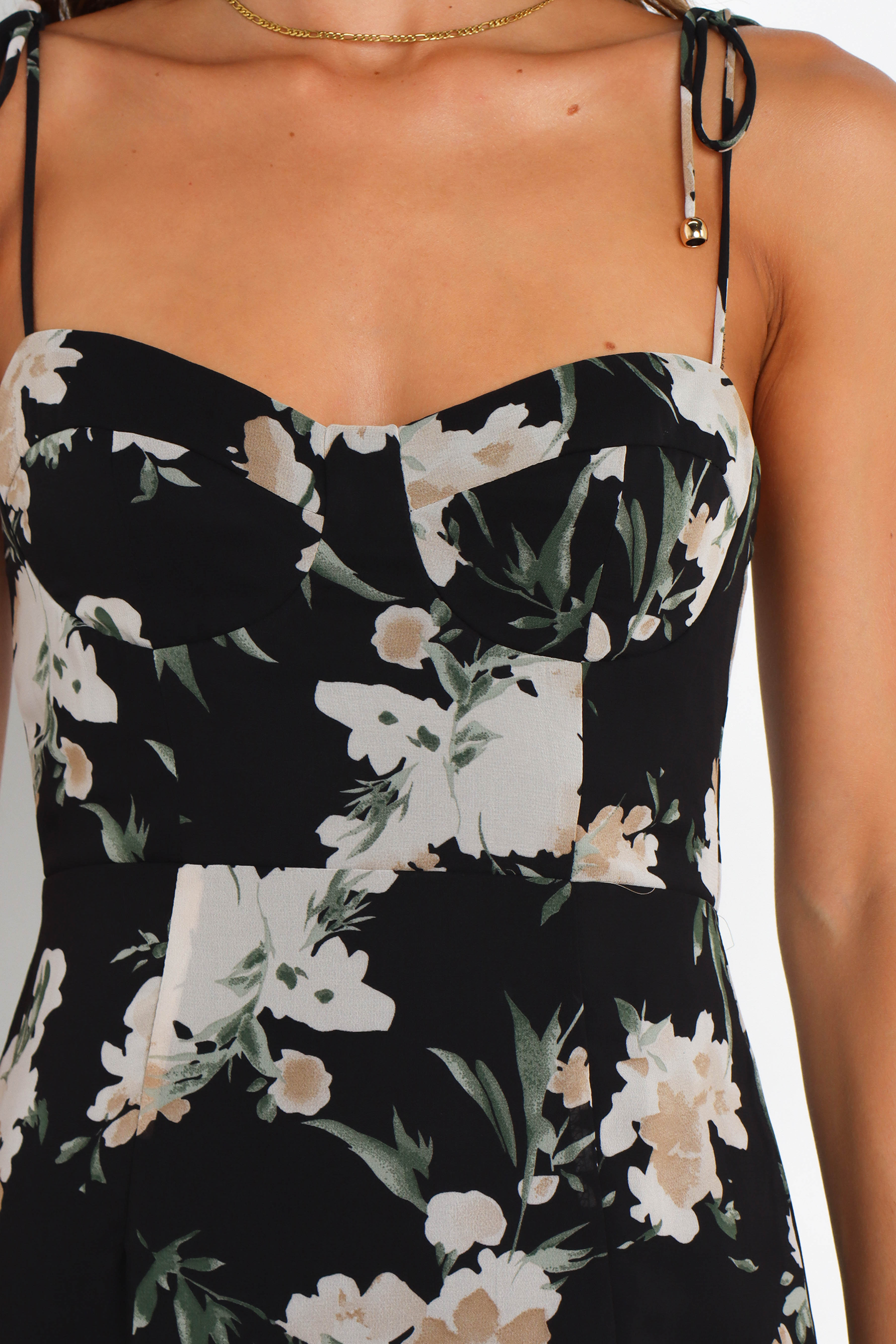 Floral Midi Dress with Sweetheart Neckline - Black