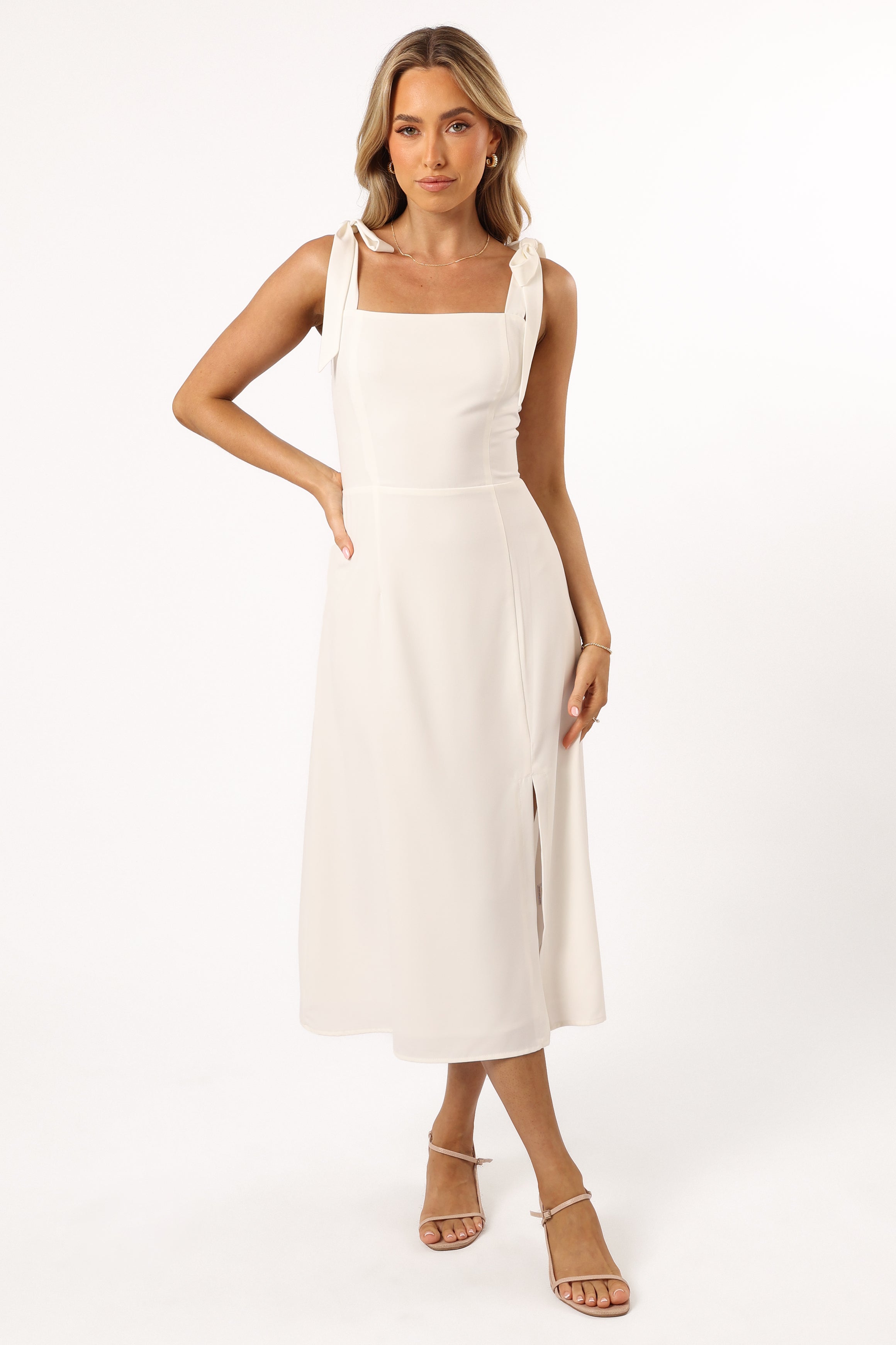 White Laurel Square Neck Midi Dress with Shirred Back