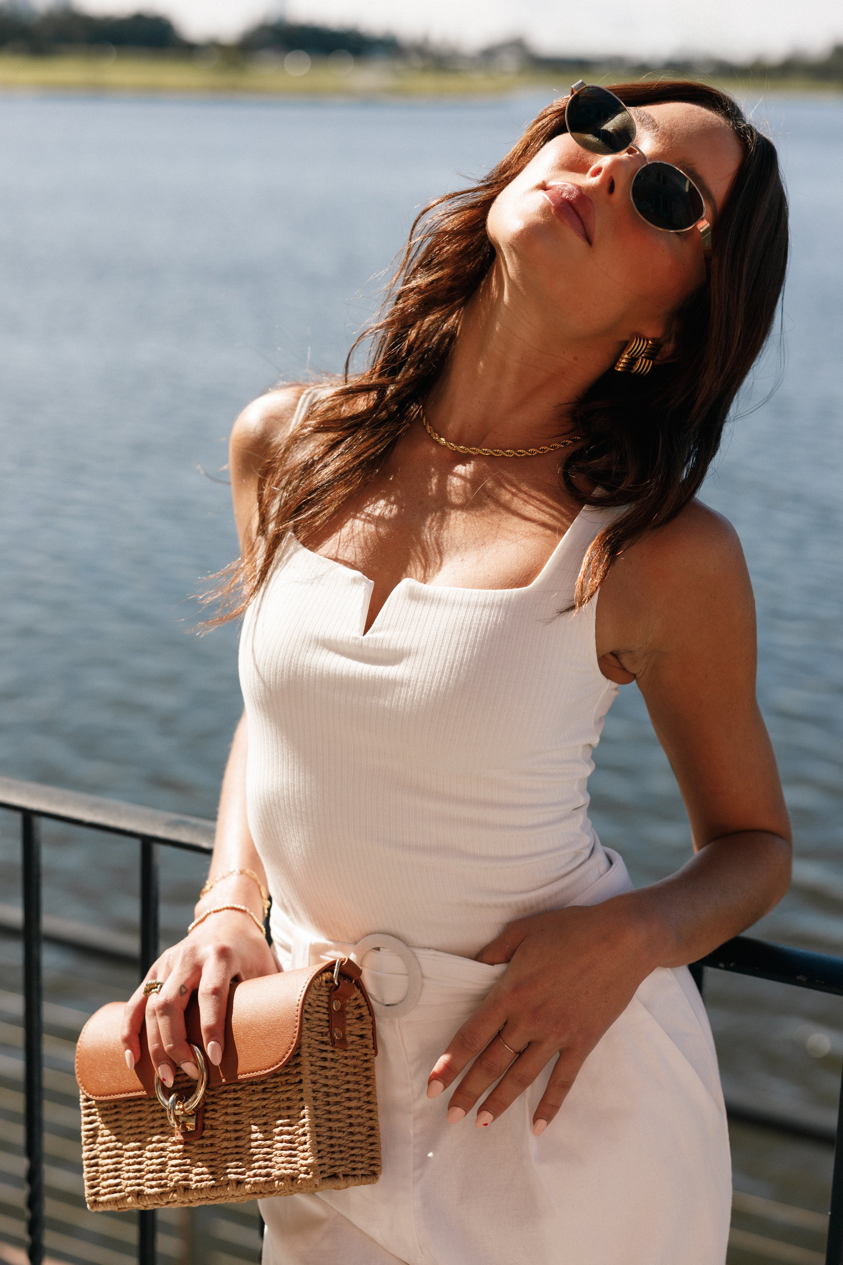 White Santina Square Neck Ribbed Top with V-Cut Detail