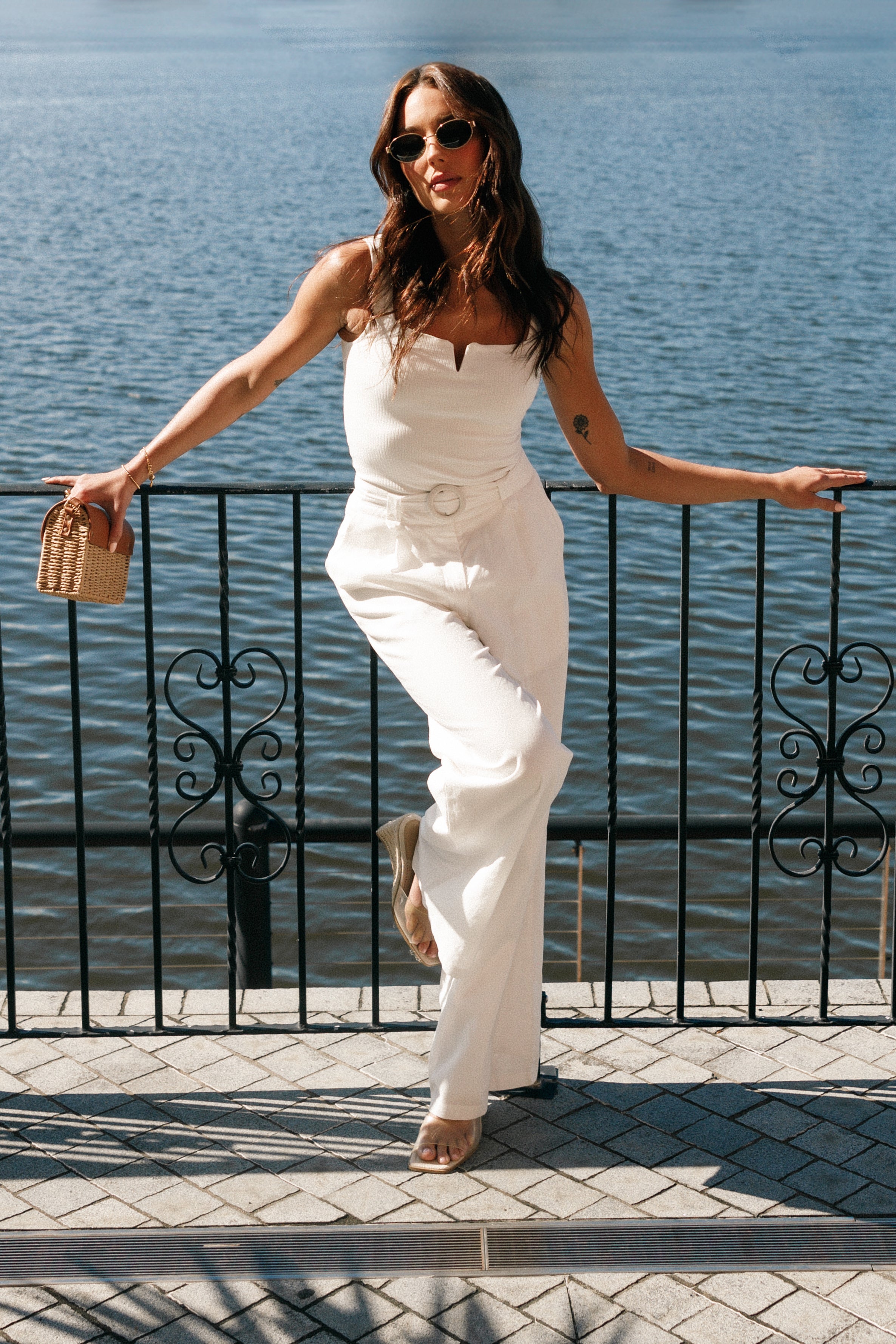 White Santina Square Neck Ribbed Top with V-Cut Detail