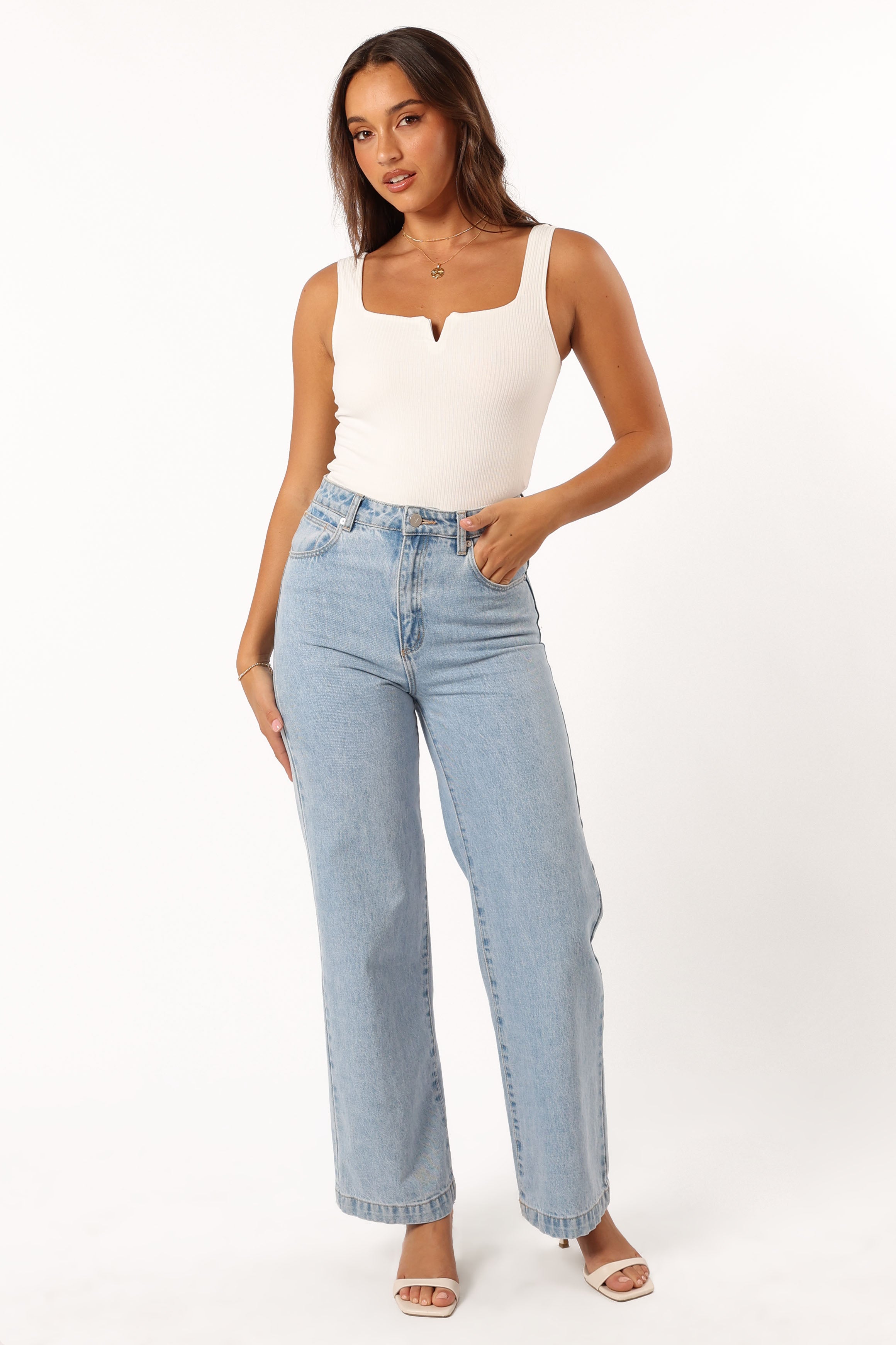 White Santina Square Neck Ribbed Top with V-Cut Detail