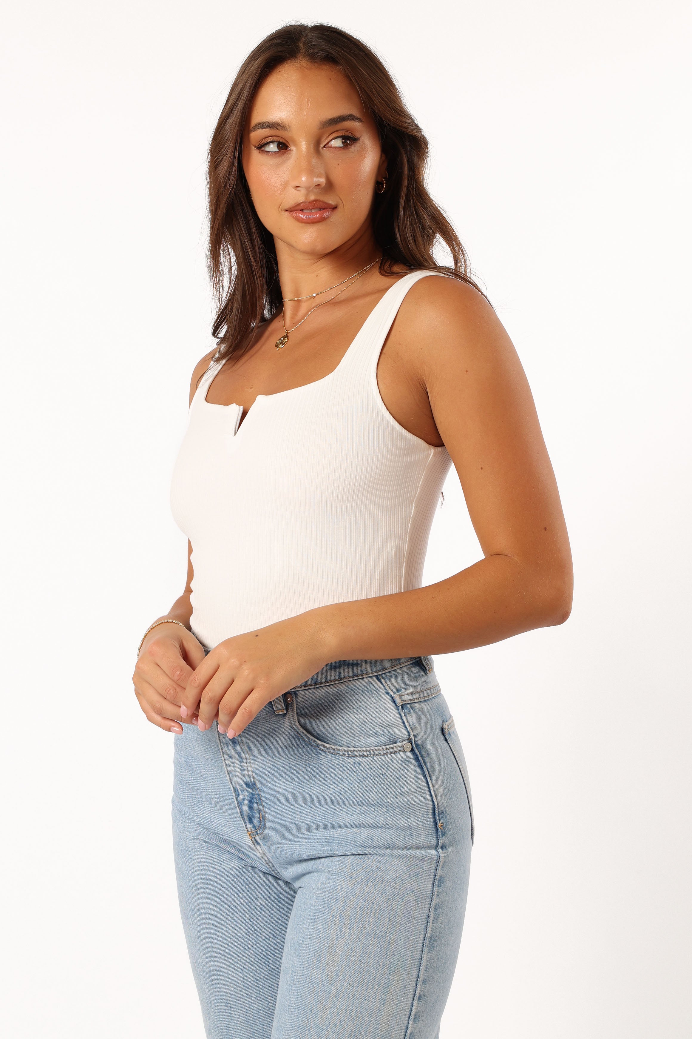 White Santina Square Neck Ribbed Top with V-Cut Detail