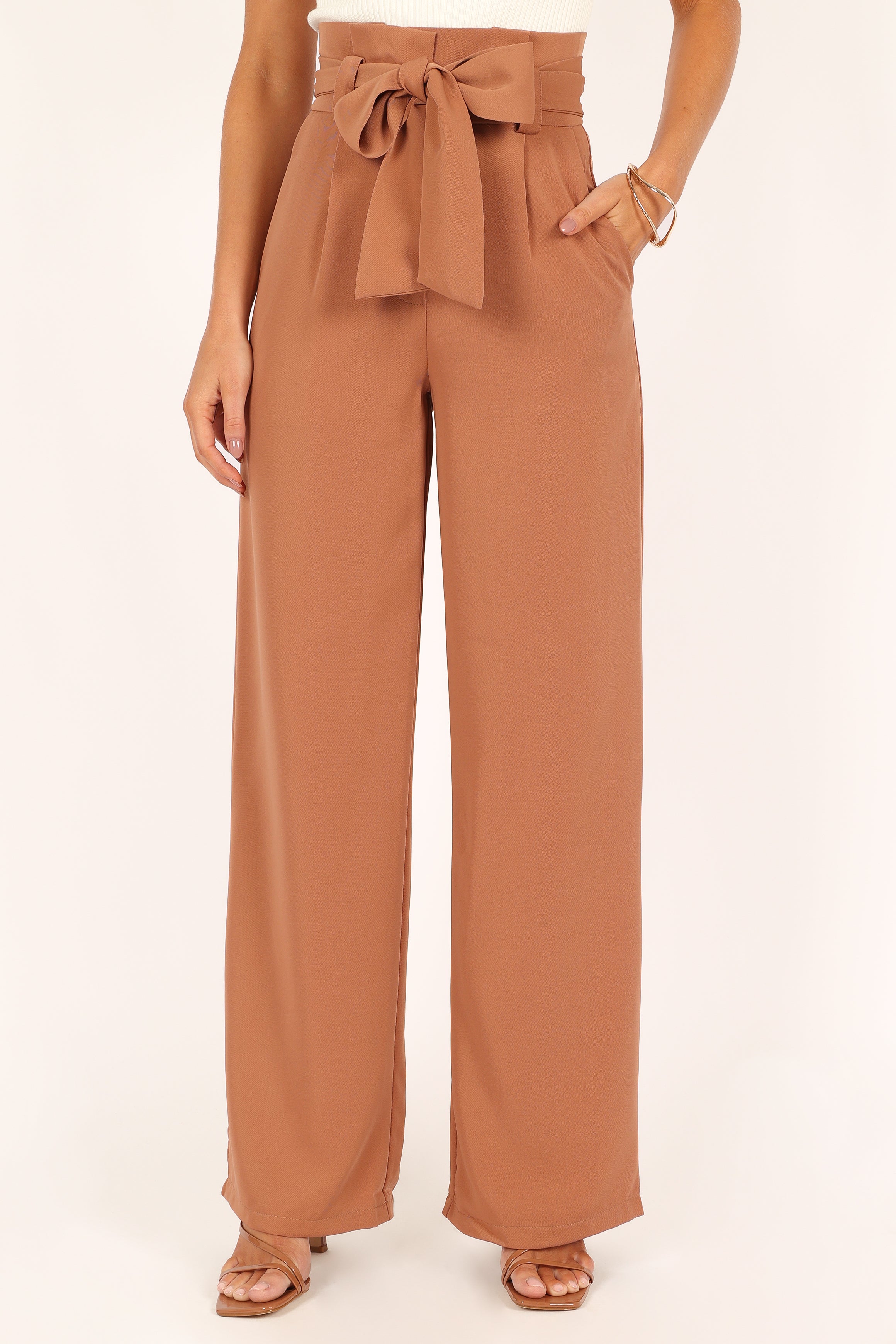 High Waisted Wide Leg Pants - Tan Kieran Pleated Trousers