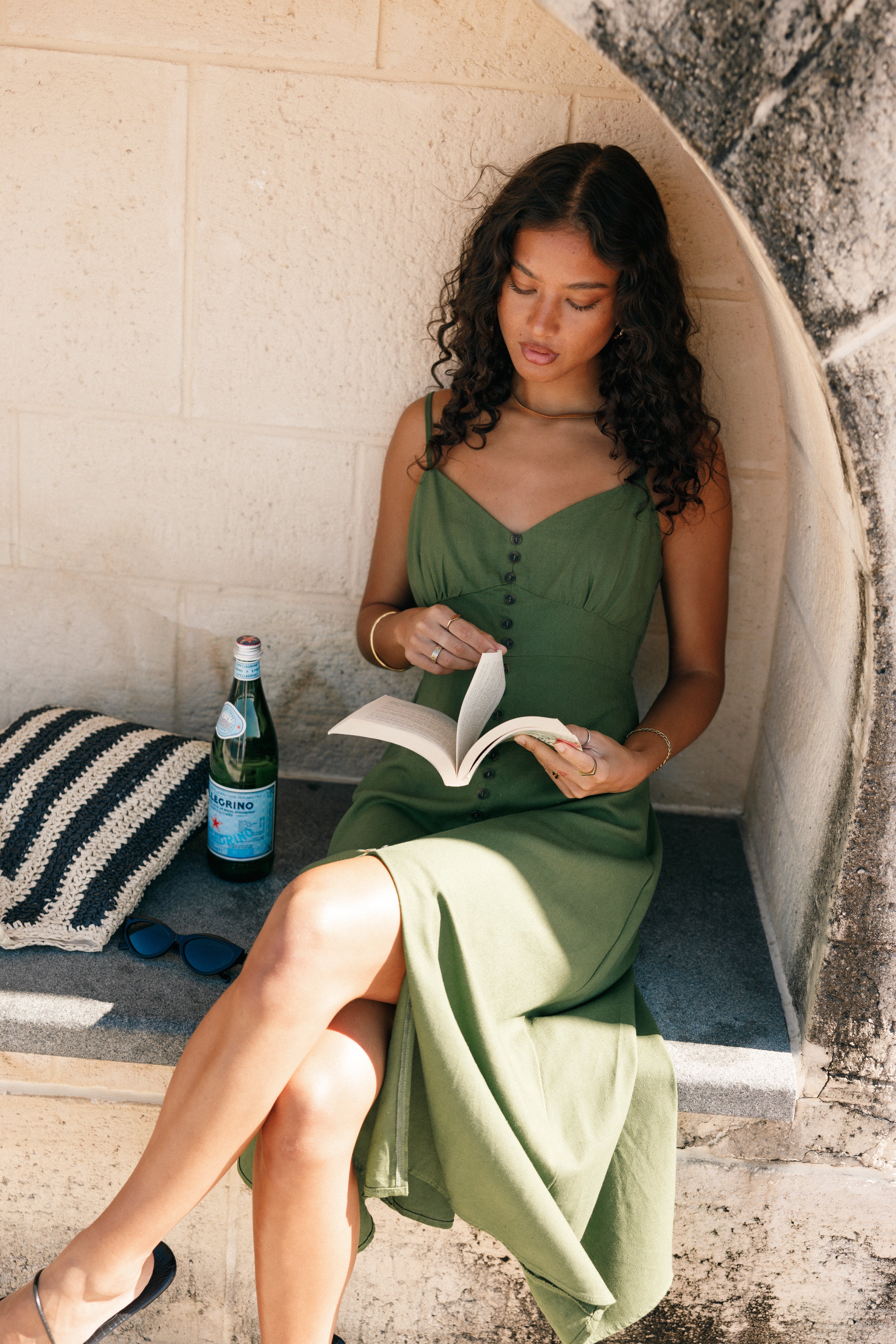 Ibiza Green Linen Cotton Darby Midi Dress with Adjustable Straps