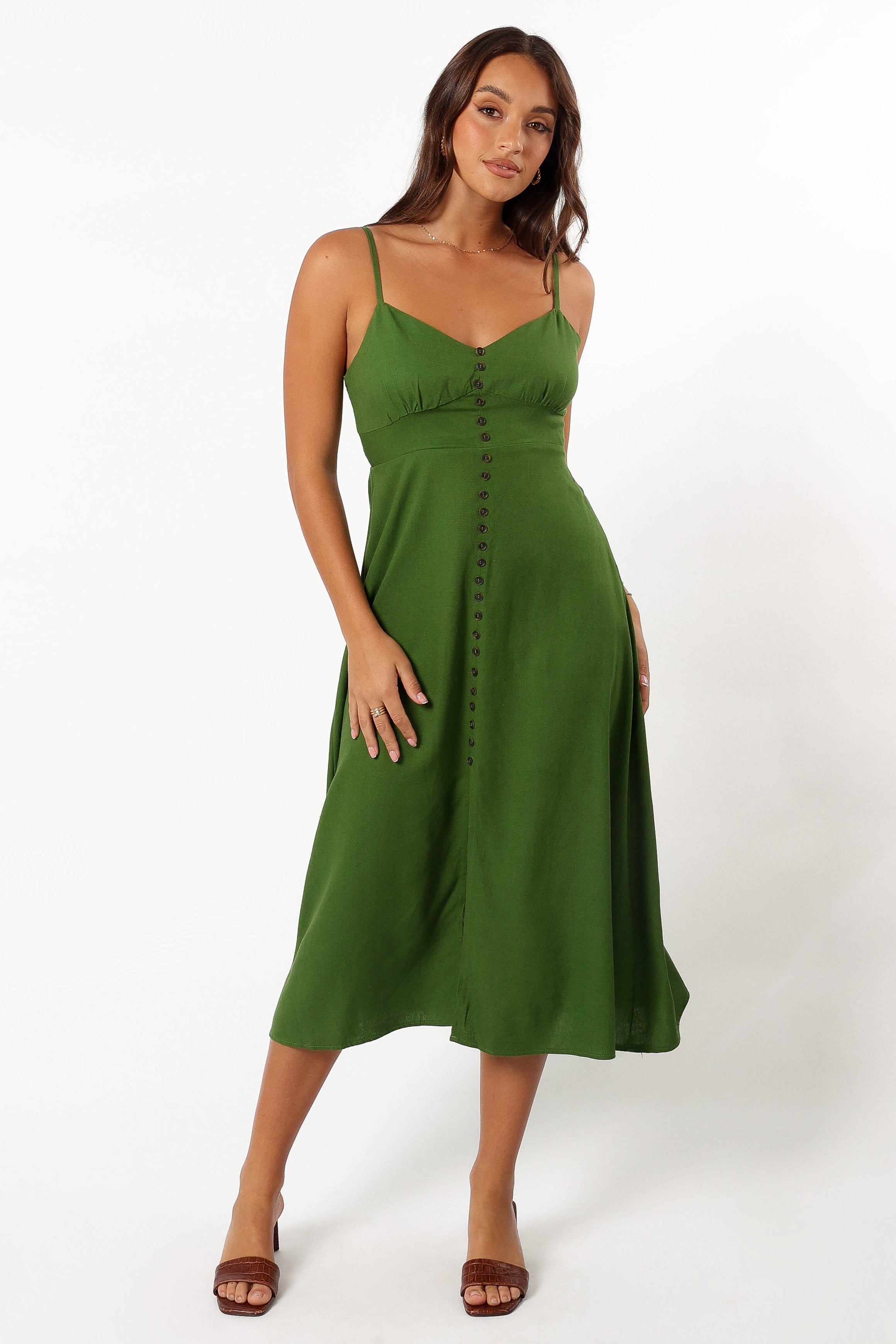 Ibiza Green Linen Cotton Darby Midi Dress with Adjustable Straps