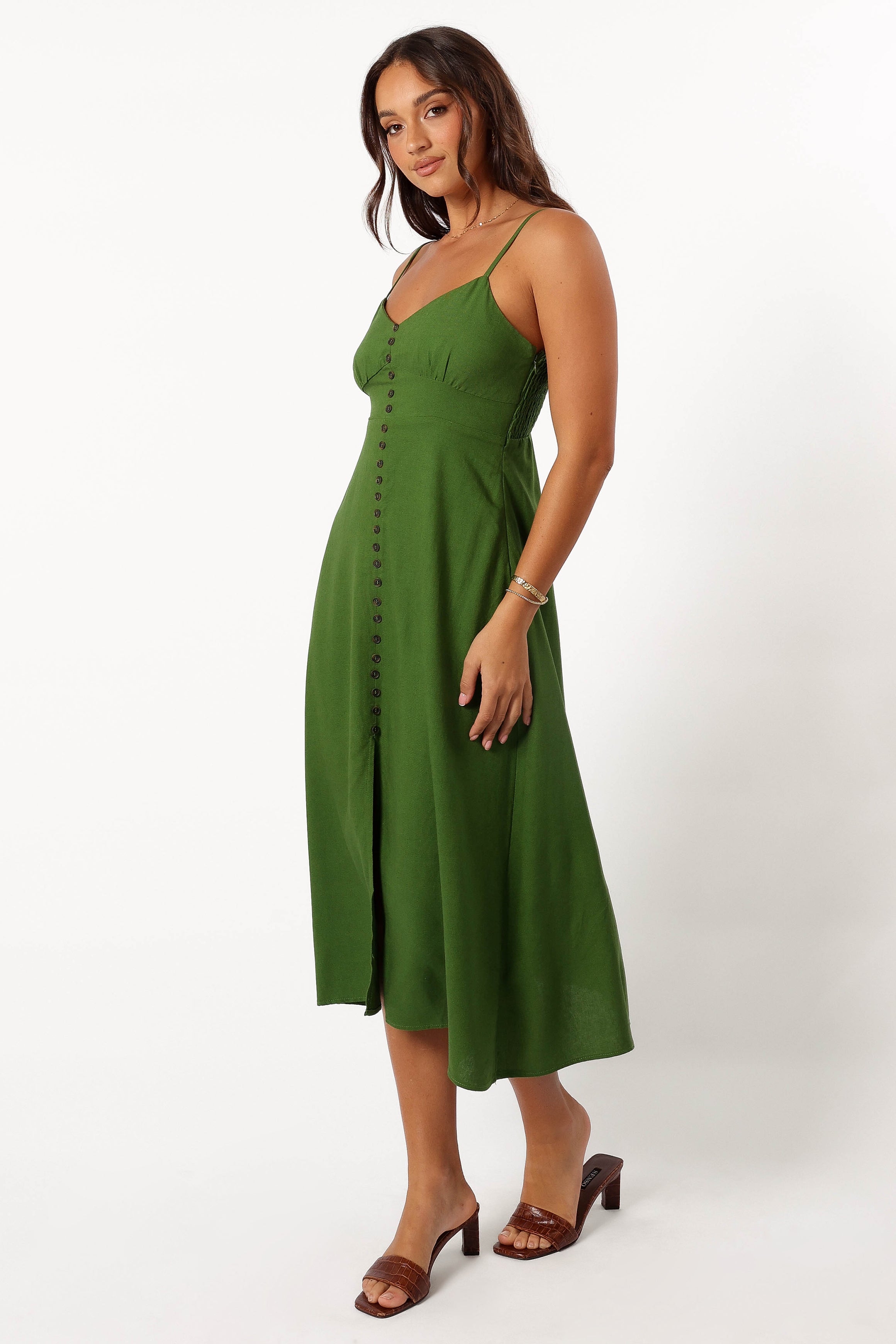 Ibiza Green Linen Cotton Darby Midi Dress with Adjustable Straps