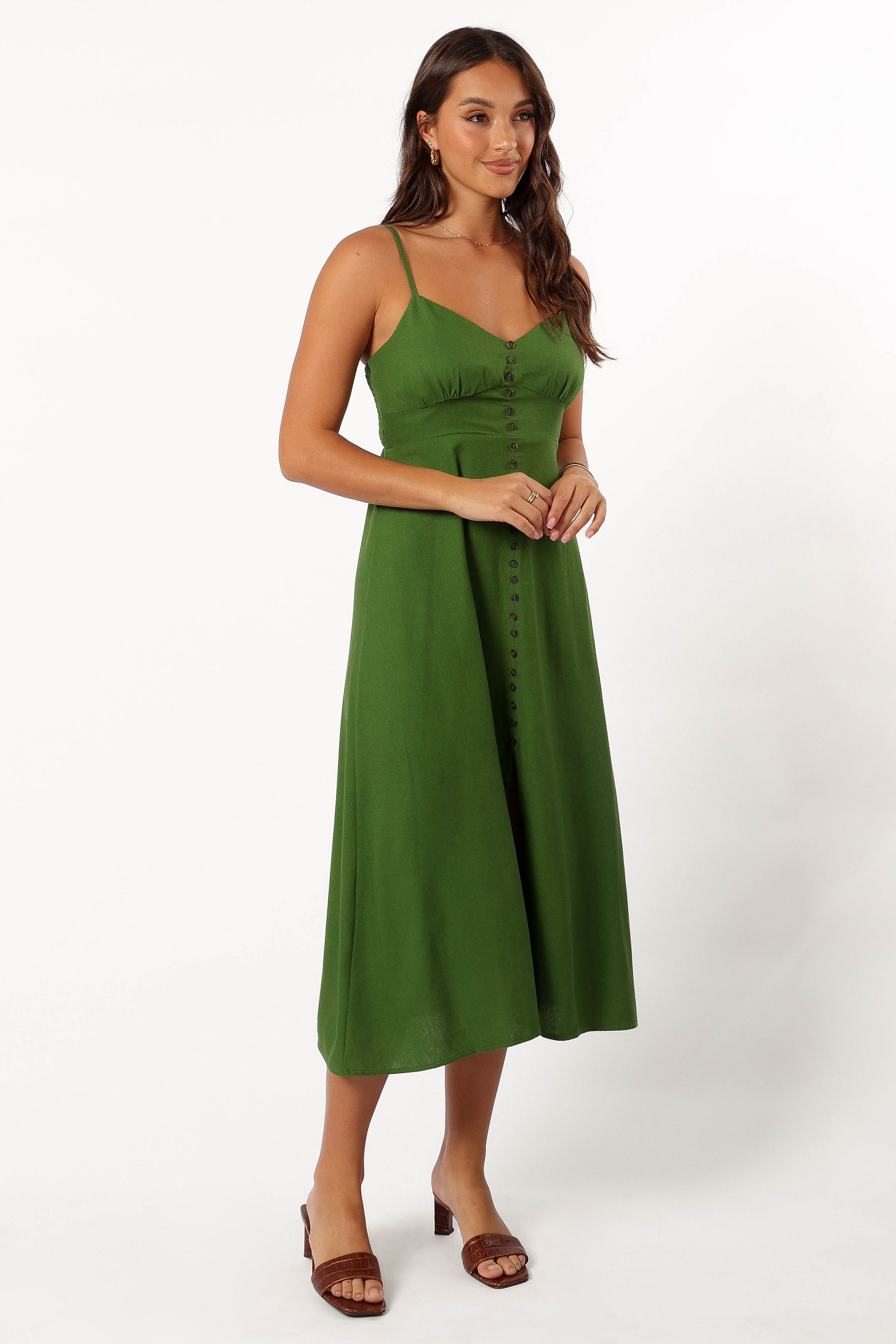 Ibiza Green Linen Cotton Darby Midi Dress with Adjustable Straps