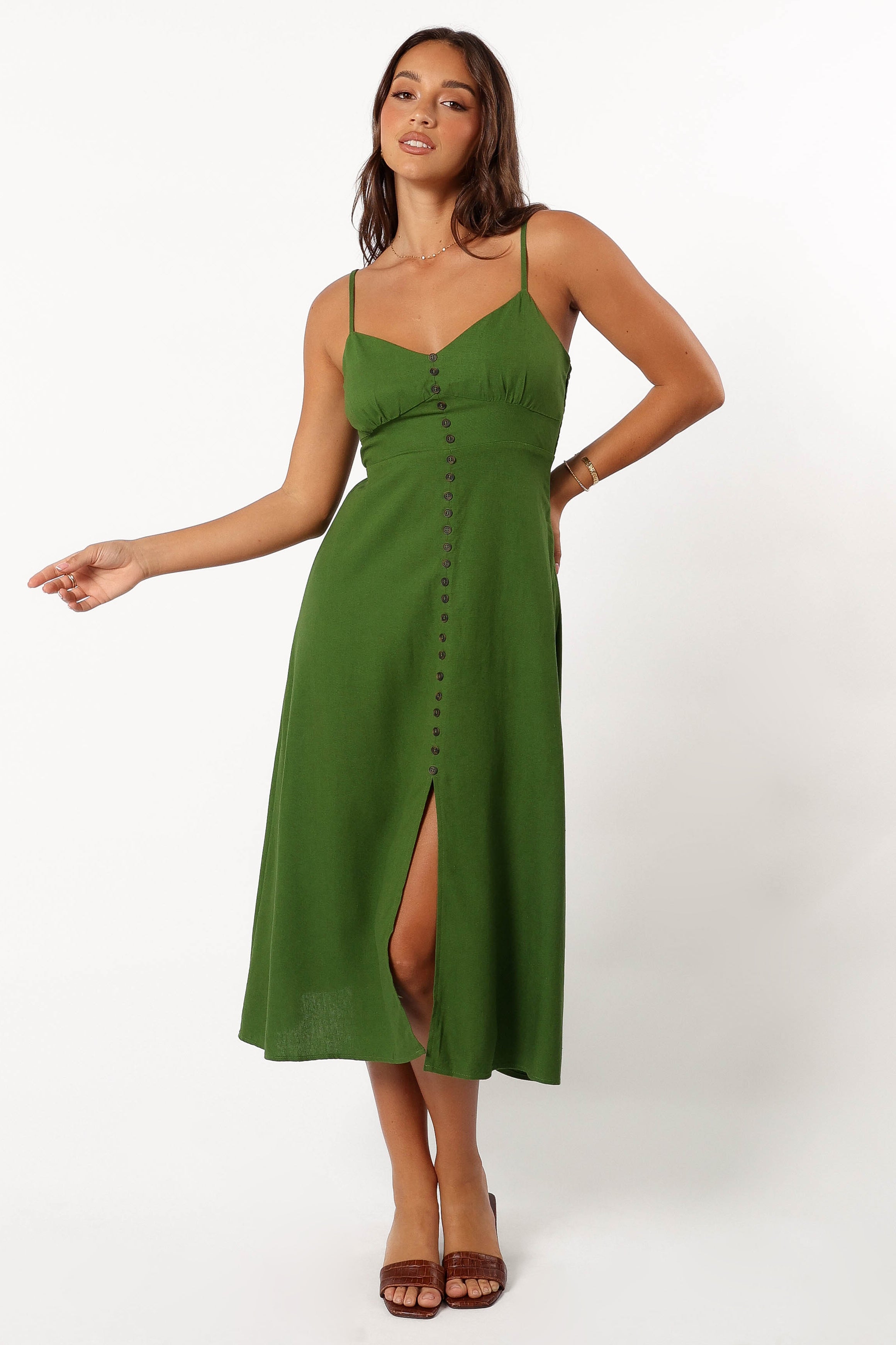 Ibiza Green Linen Cotton Darby Midi Dress with Adjustable Straps