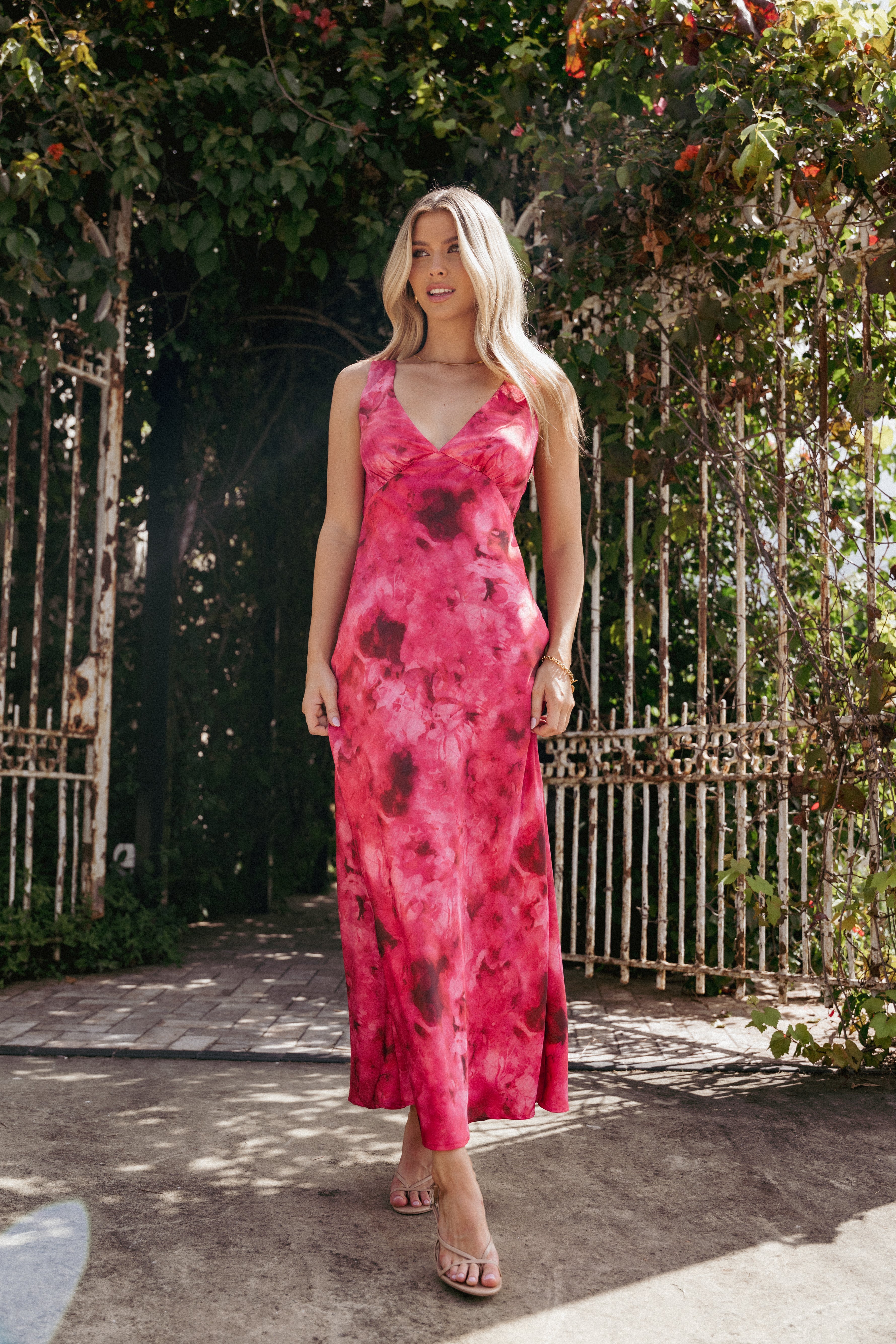 Mirae Red Tie-Dye Maxi Dress with V-Neck & Side Zip