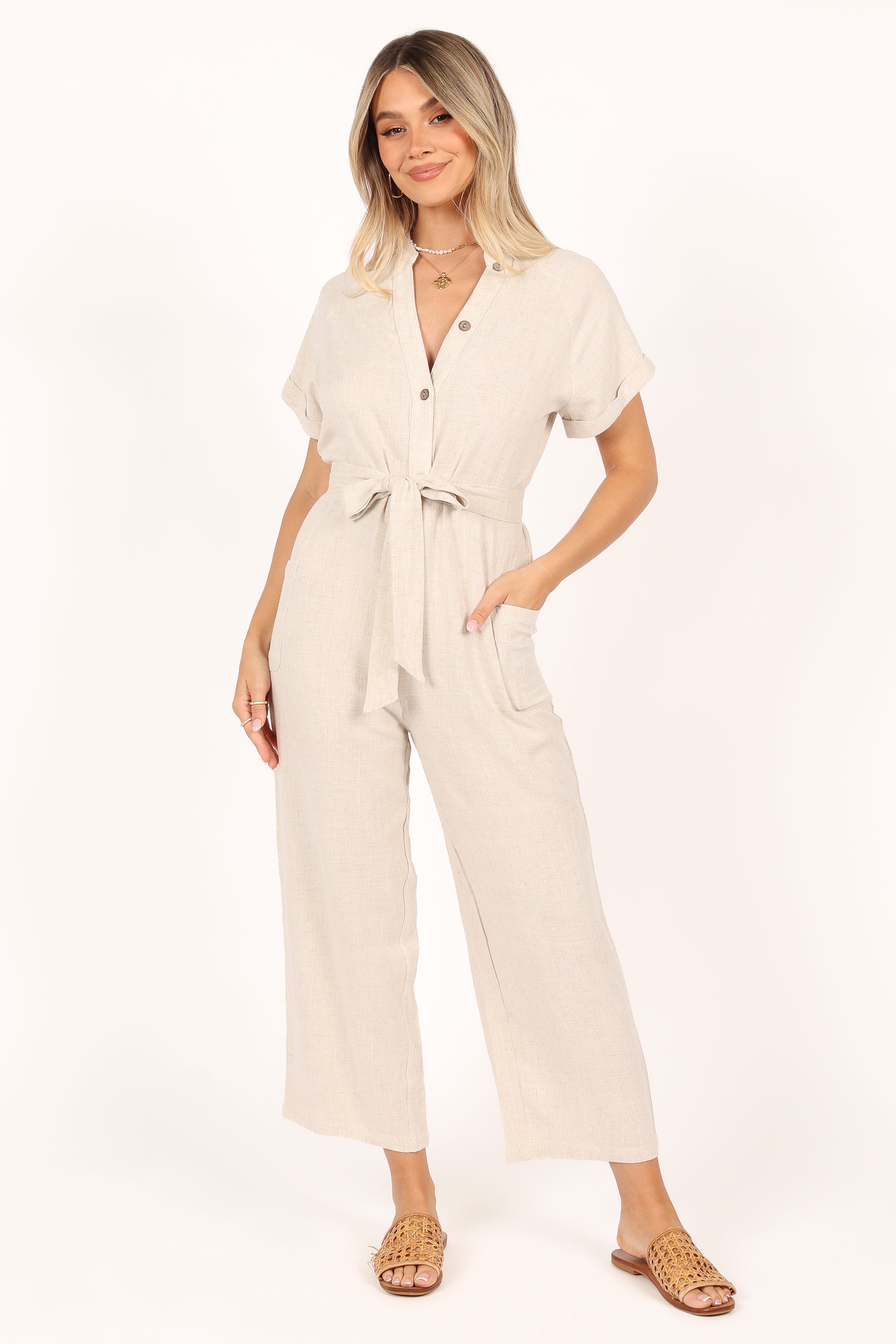 Linen Jumpsuit for Women - Archie Oat with Detachable Waist Tie