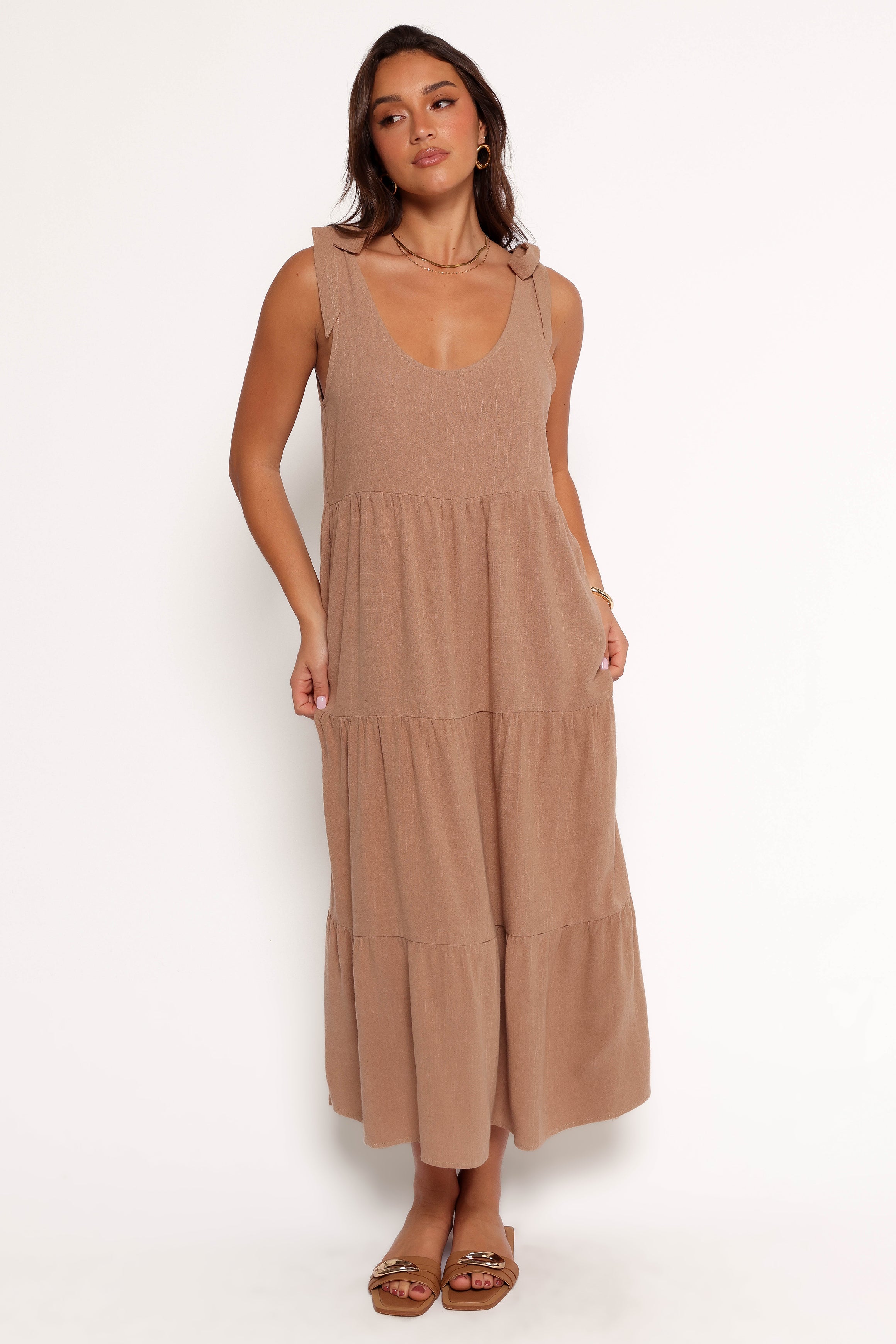 Linen Midi Dress with Pockets - Marcy Mocha Summer Dress