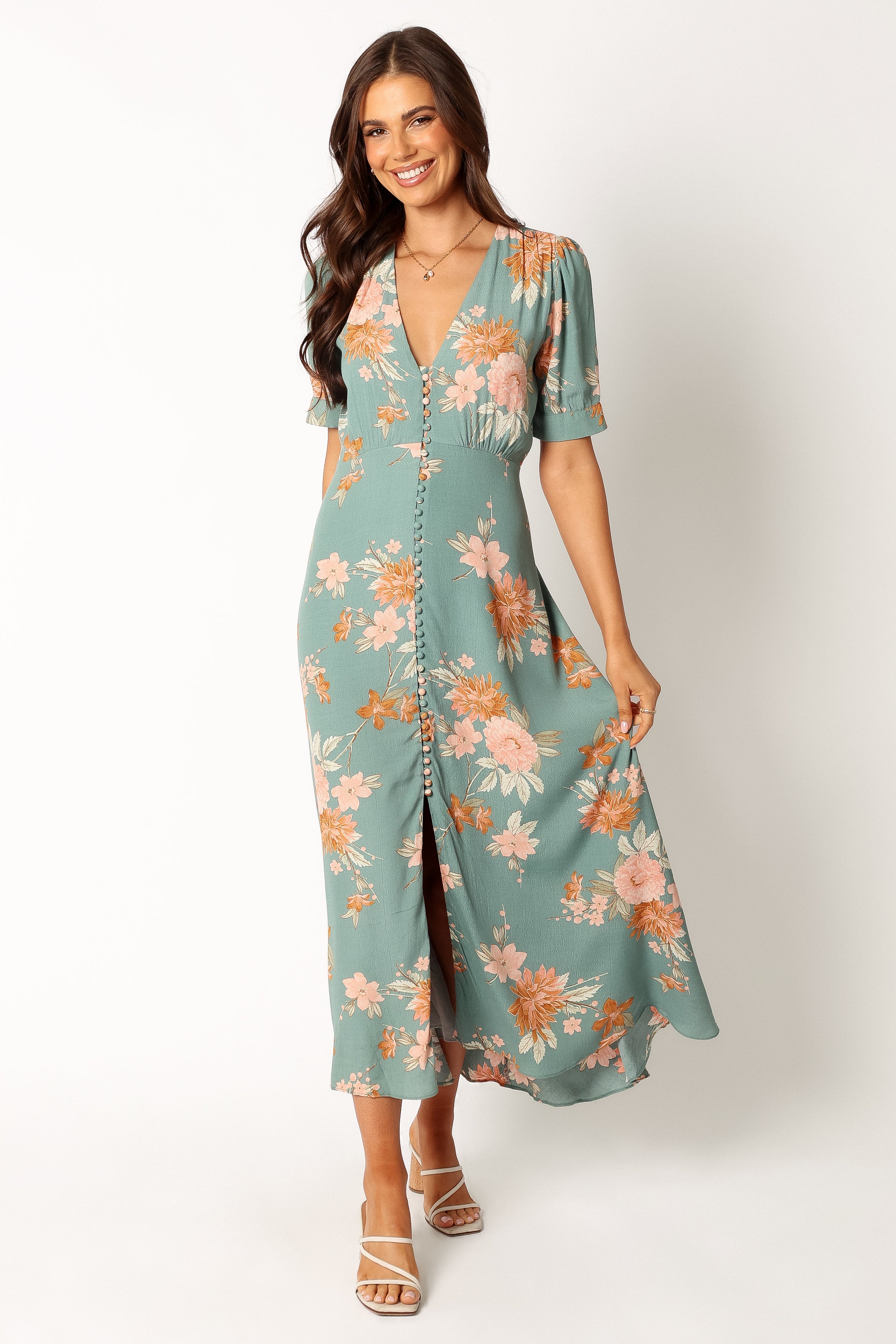 Blue Floral Midi Dress with V-Neck & Front Split - Frampton