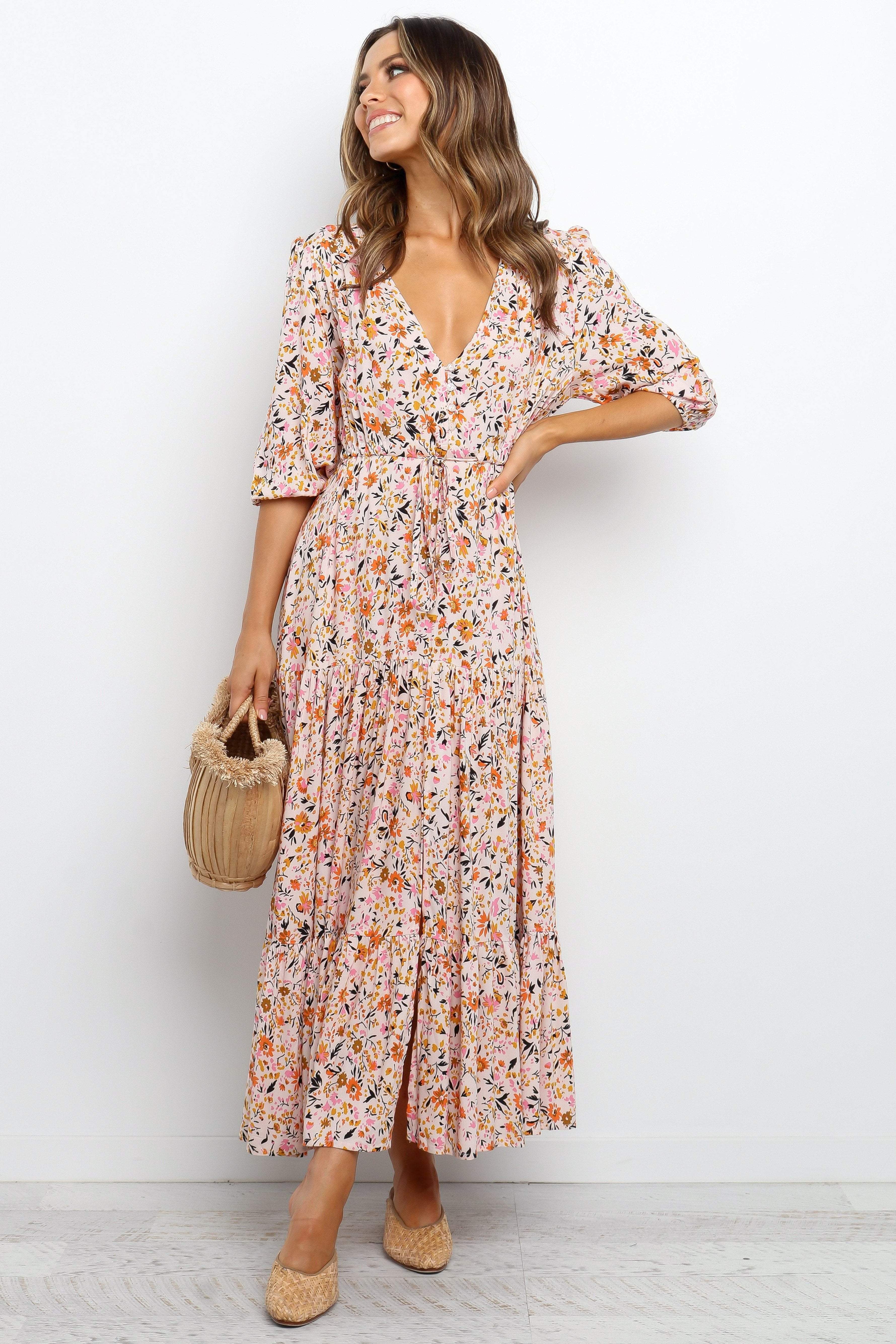 Beige Floral Maxi Dress with V-Neck & Waist Tie – Kelda