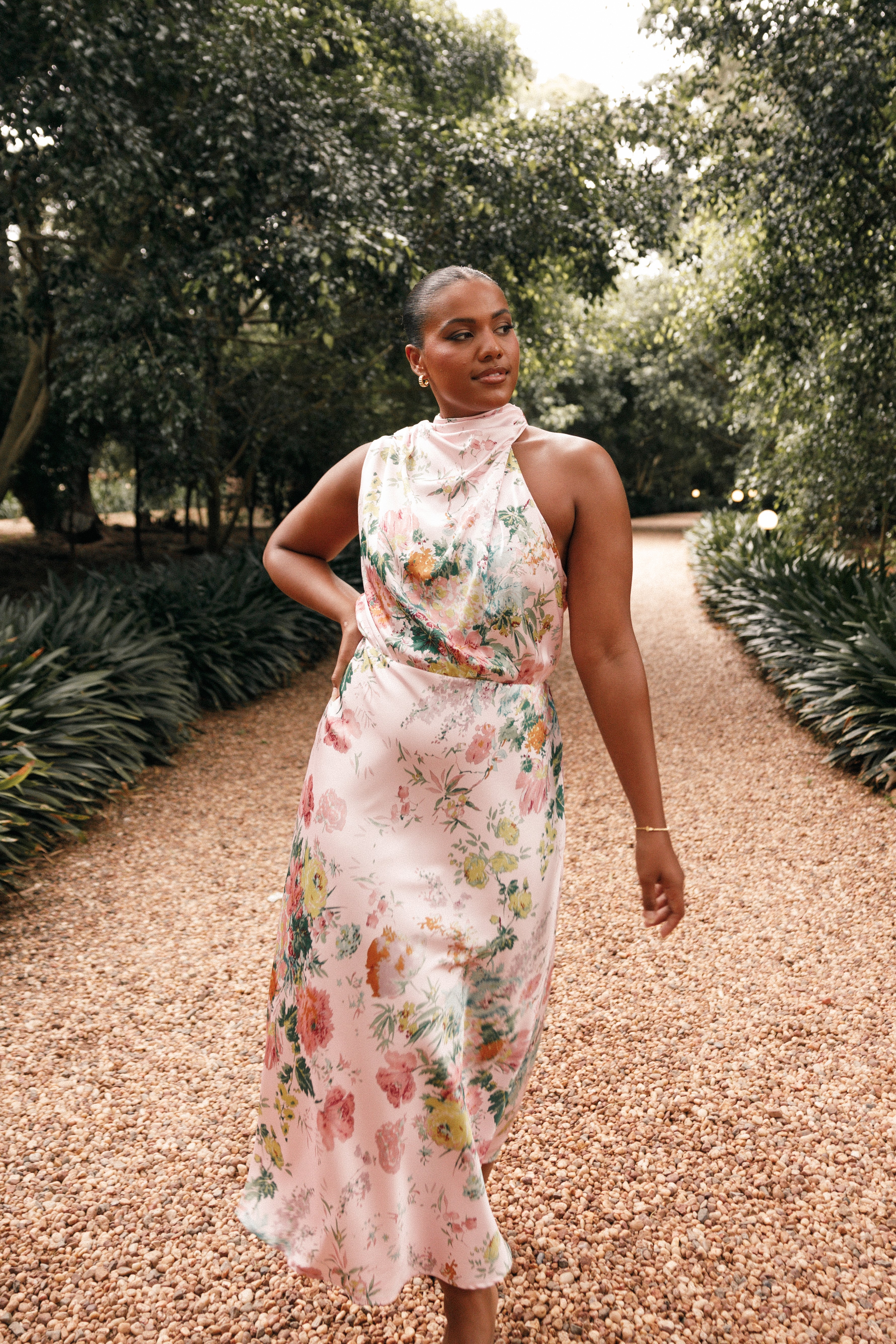 Pink Floral Halter Neck Midi Dress by Anabelle - Satin Party Wear