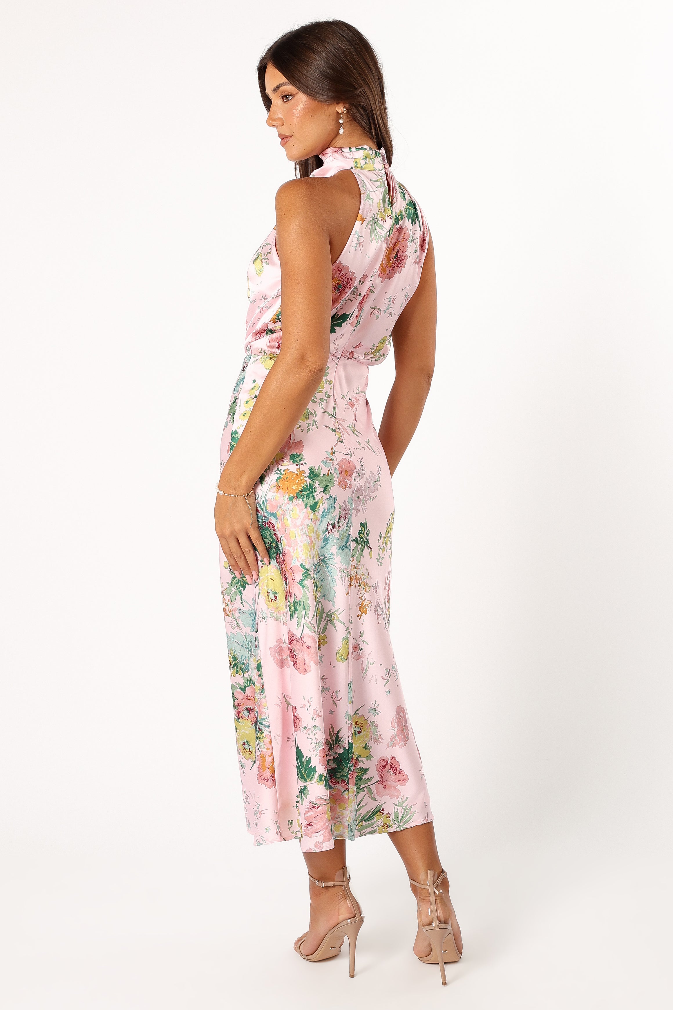Pink Floral Halter Neck Midi Dress by Anabelle - Satin Party Wear
