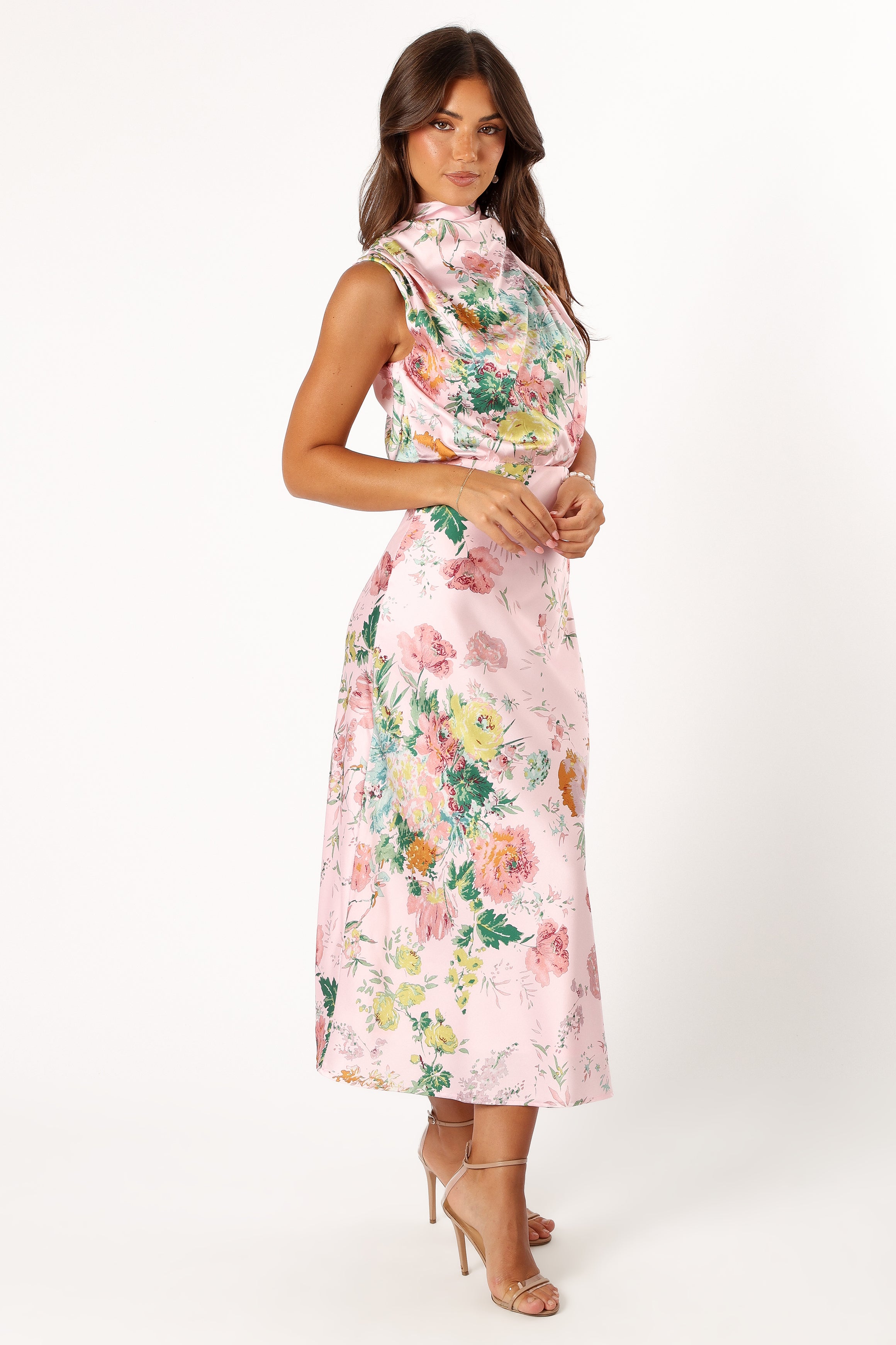 Pink Floral Halter Neck Midi Dress by Anabelle - Satin Party Wear