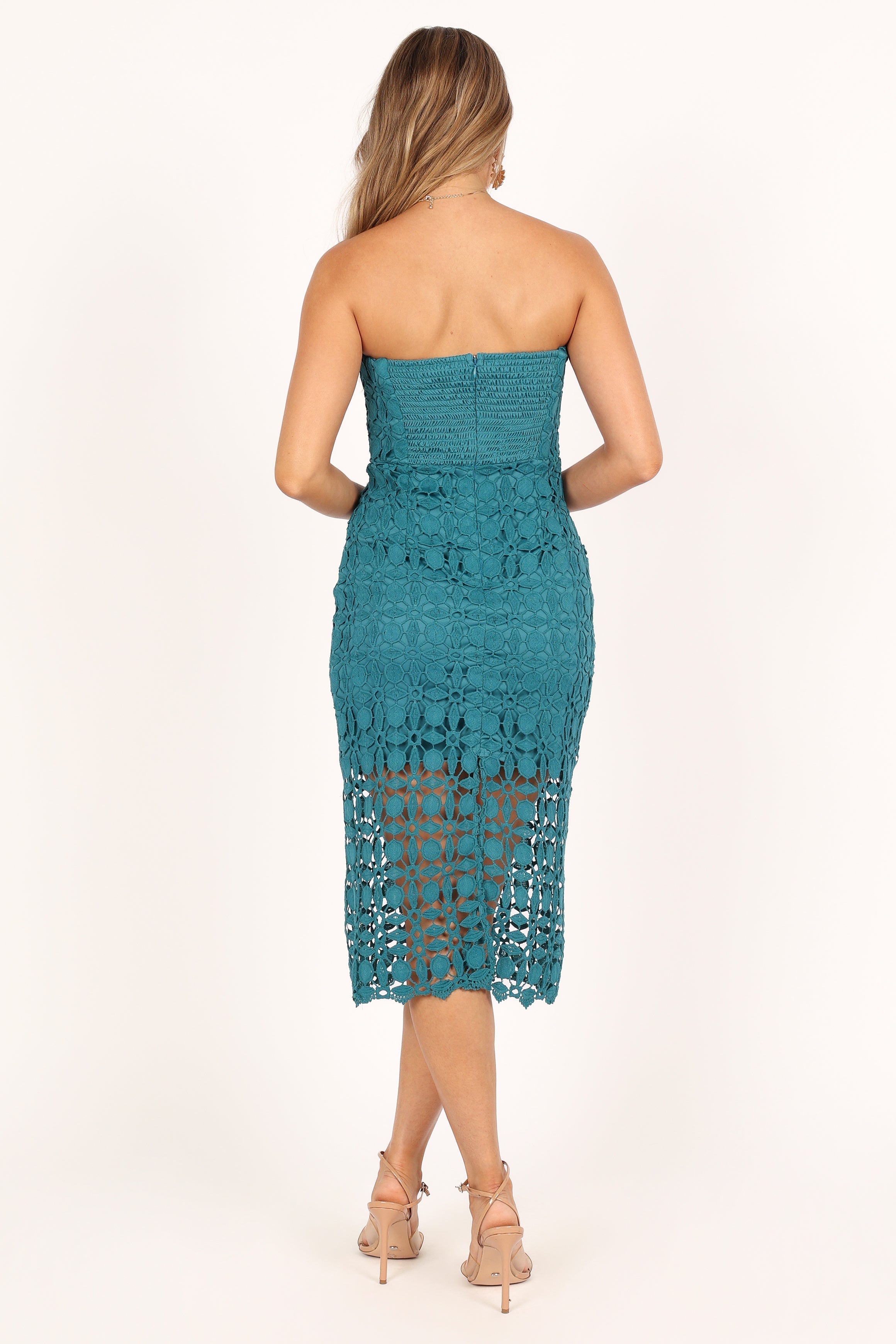 Teal Lace Strapless Midi Dress with Corset Boning