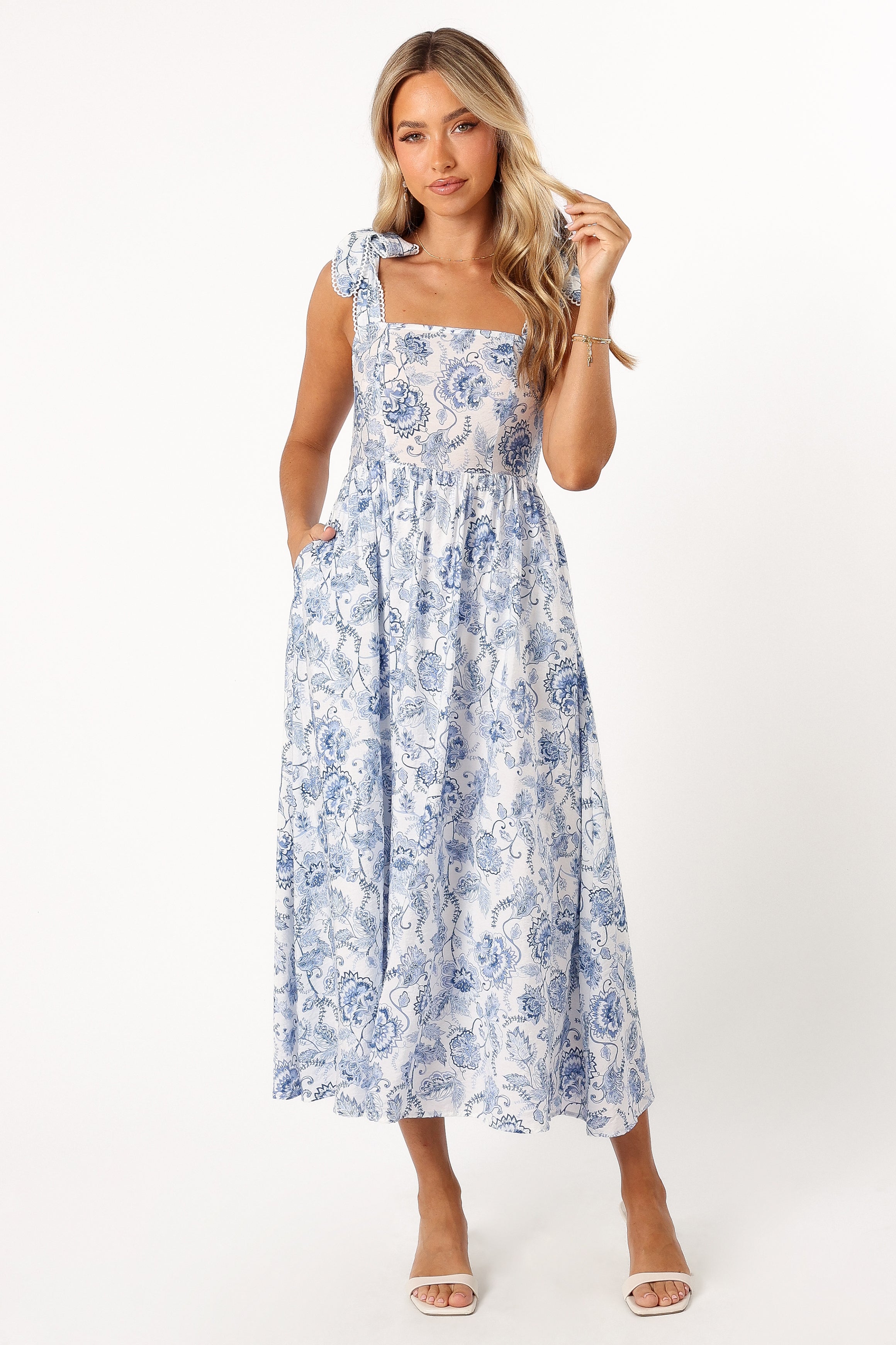 Blue Floral Midi Dress with Adjustable Straps & Pockets – Janie