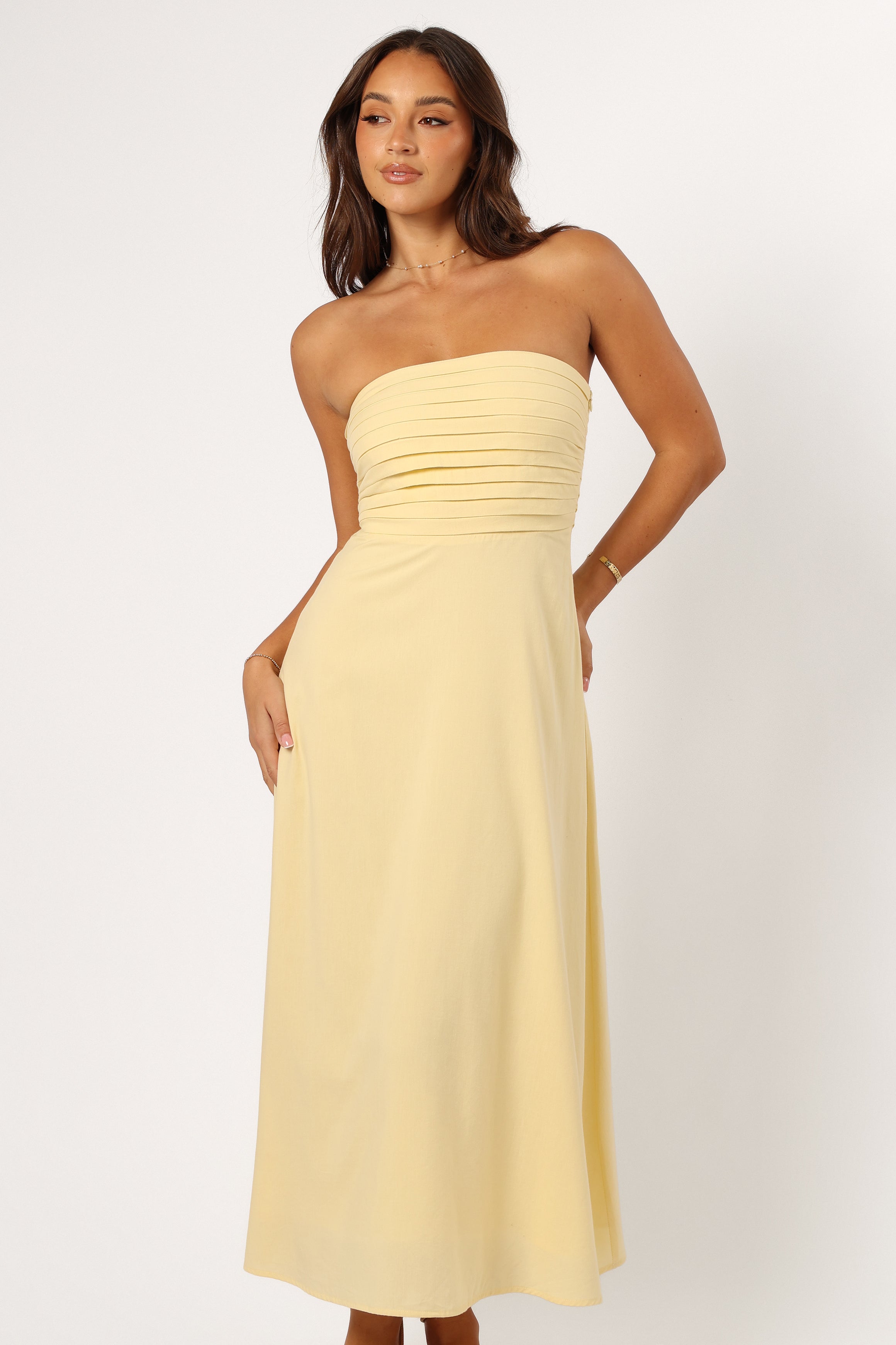 Butter Yellow Kenna Strapless Cotton Maxi Dress with Pleated Bodice