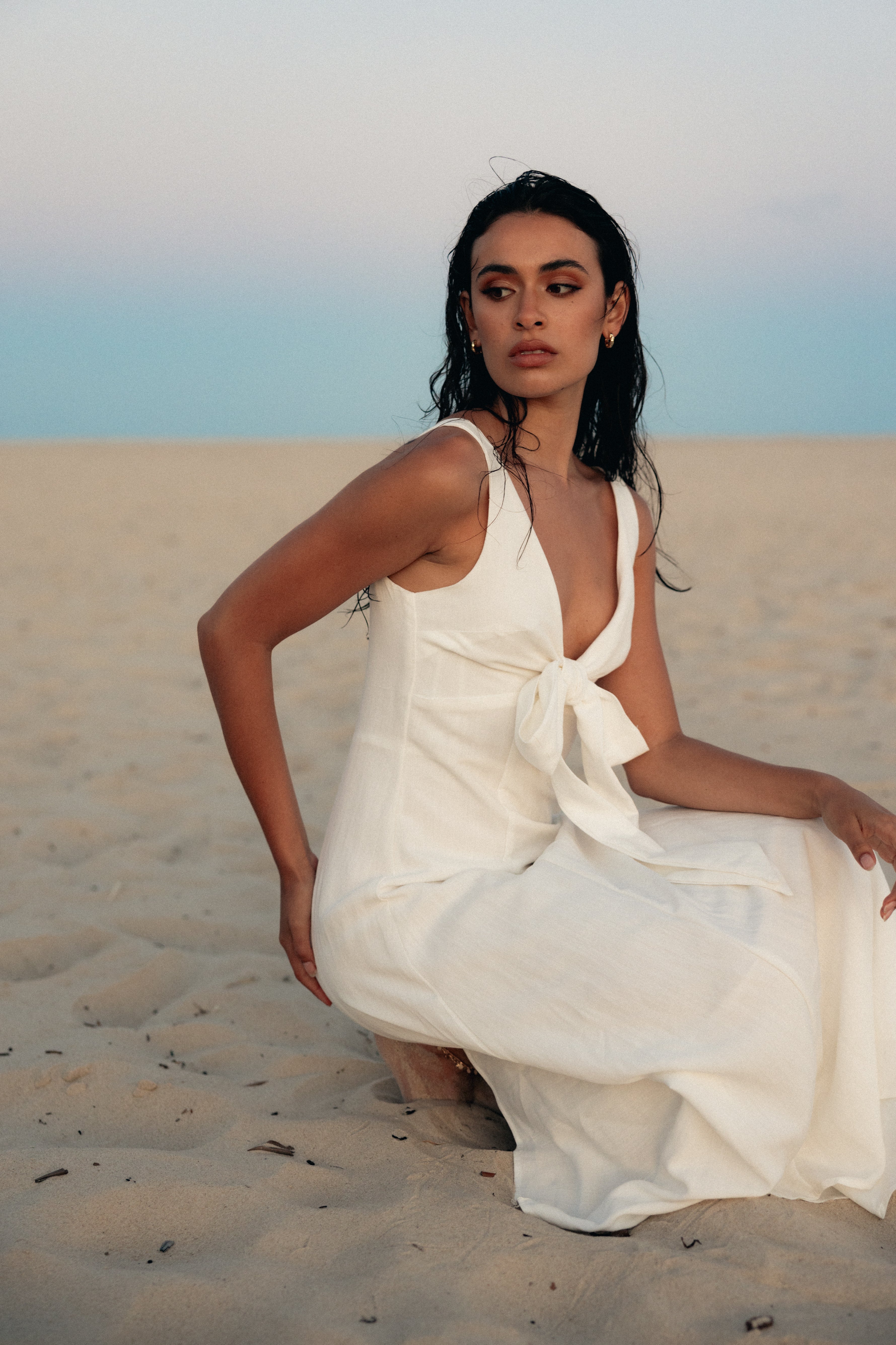 White V-Neck Midi Dress with Cut-Out Detail & Shirred Back