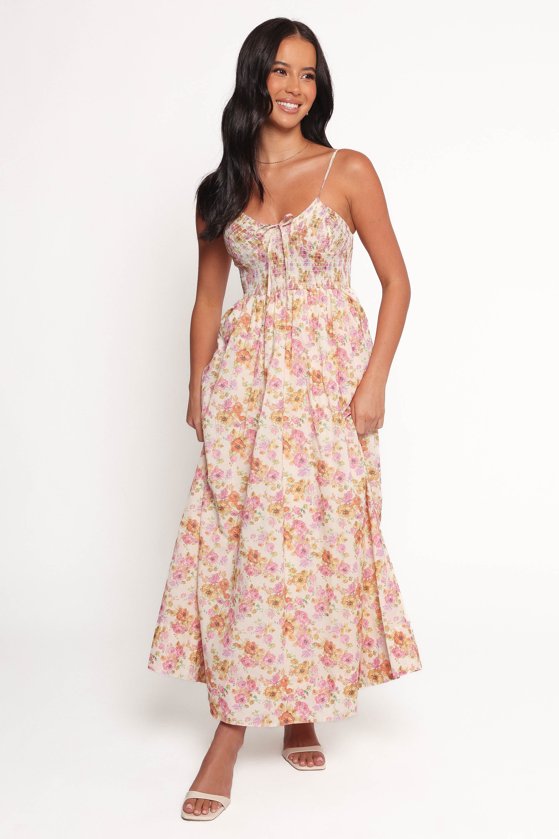 Floral Print Salaca Maxi Dress with Adjustable Straps - Pink & Orange
