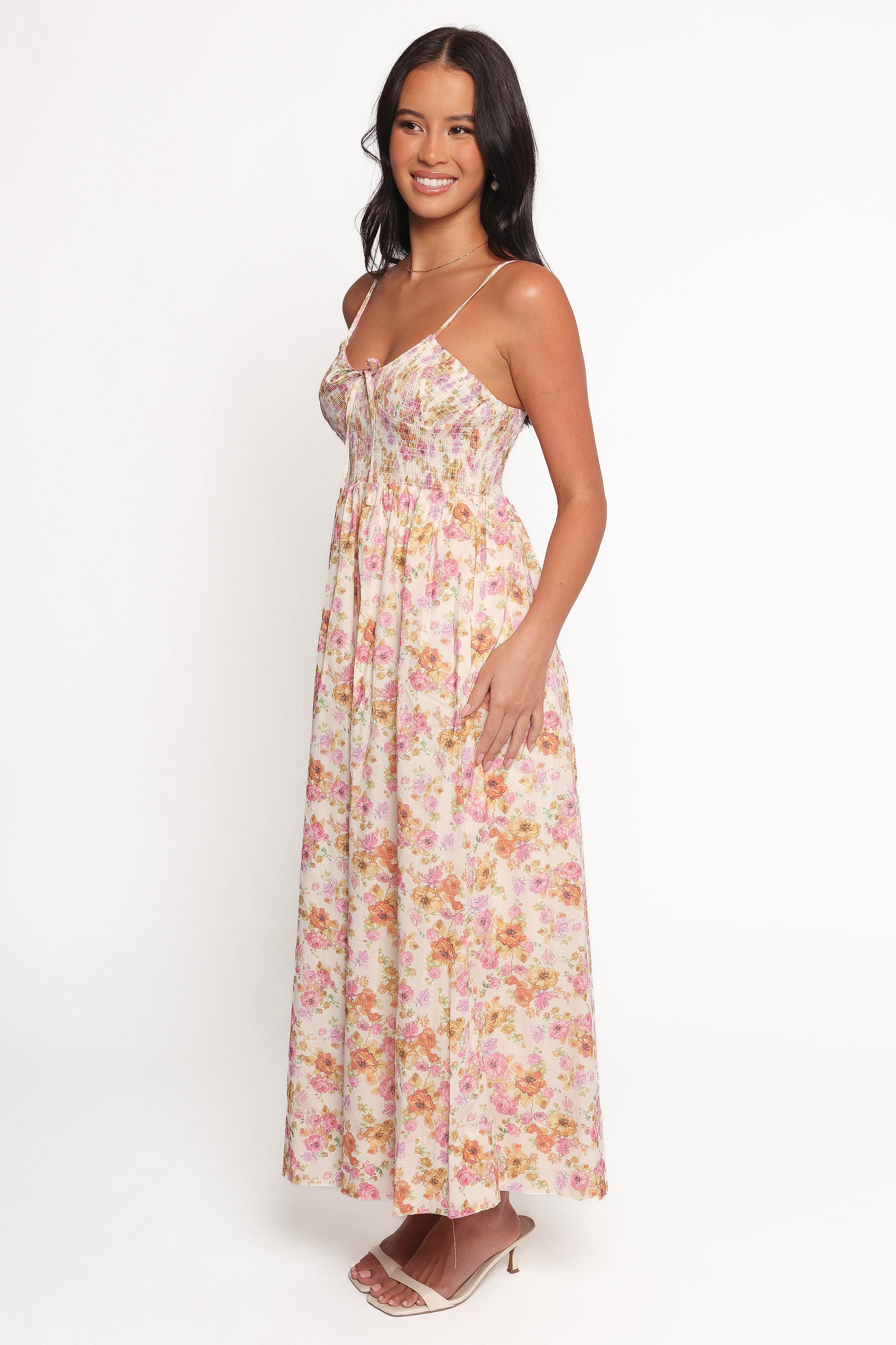 Floral Print Salaca Maxi Dress with Adjustable Straps - Pink & Orange