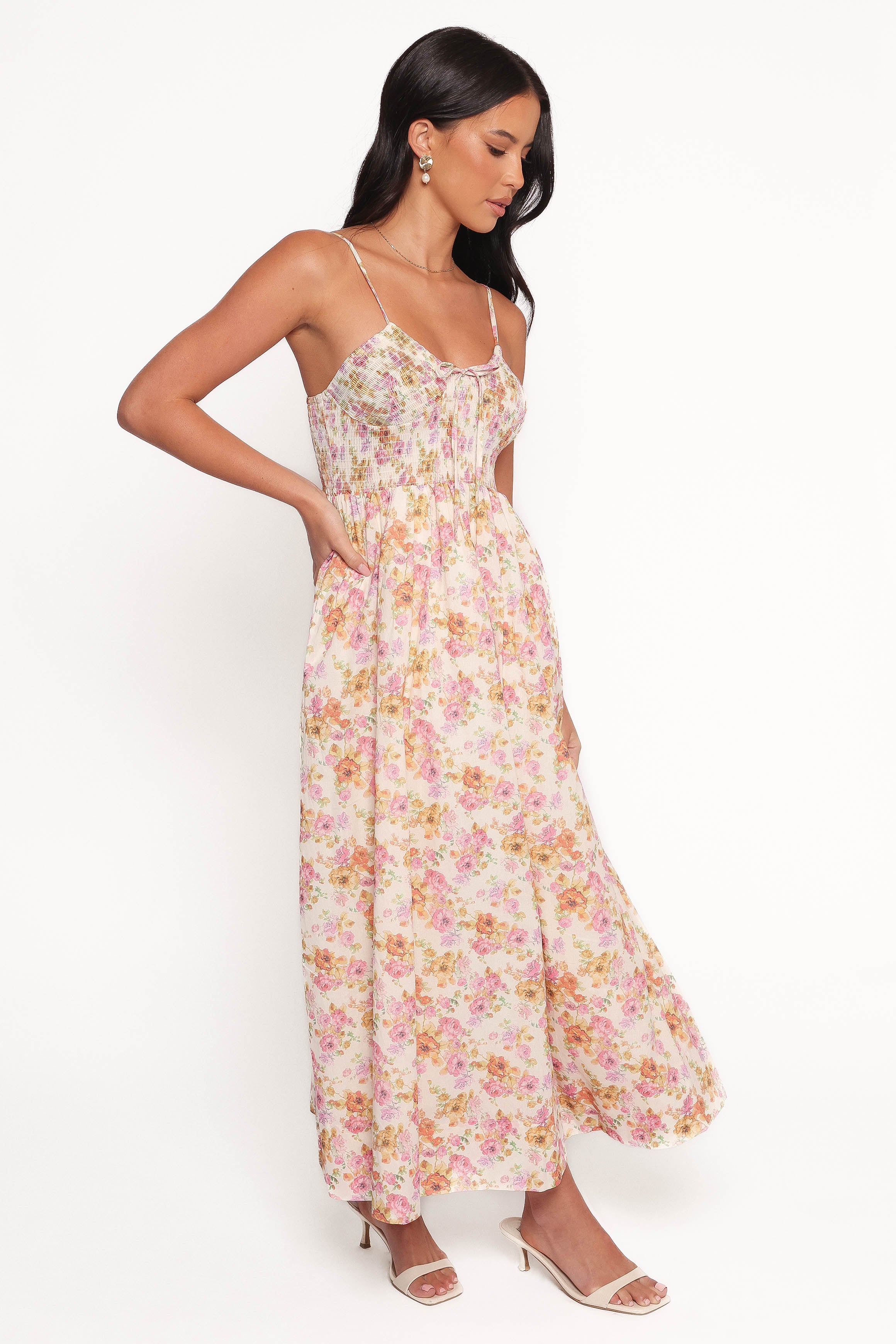 Floral Print Salaca Maxi Dress with Adjustable Straps - Pink & Orange
