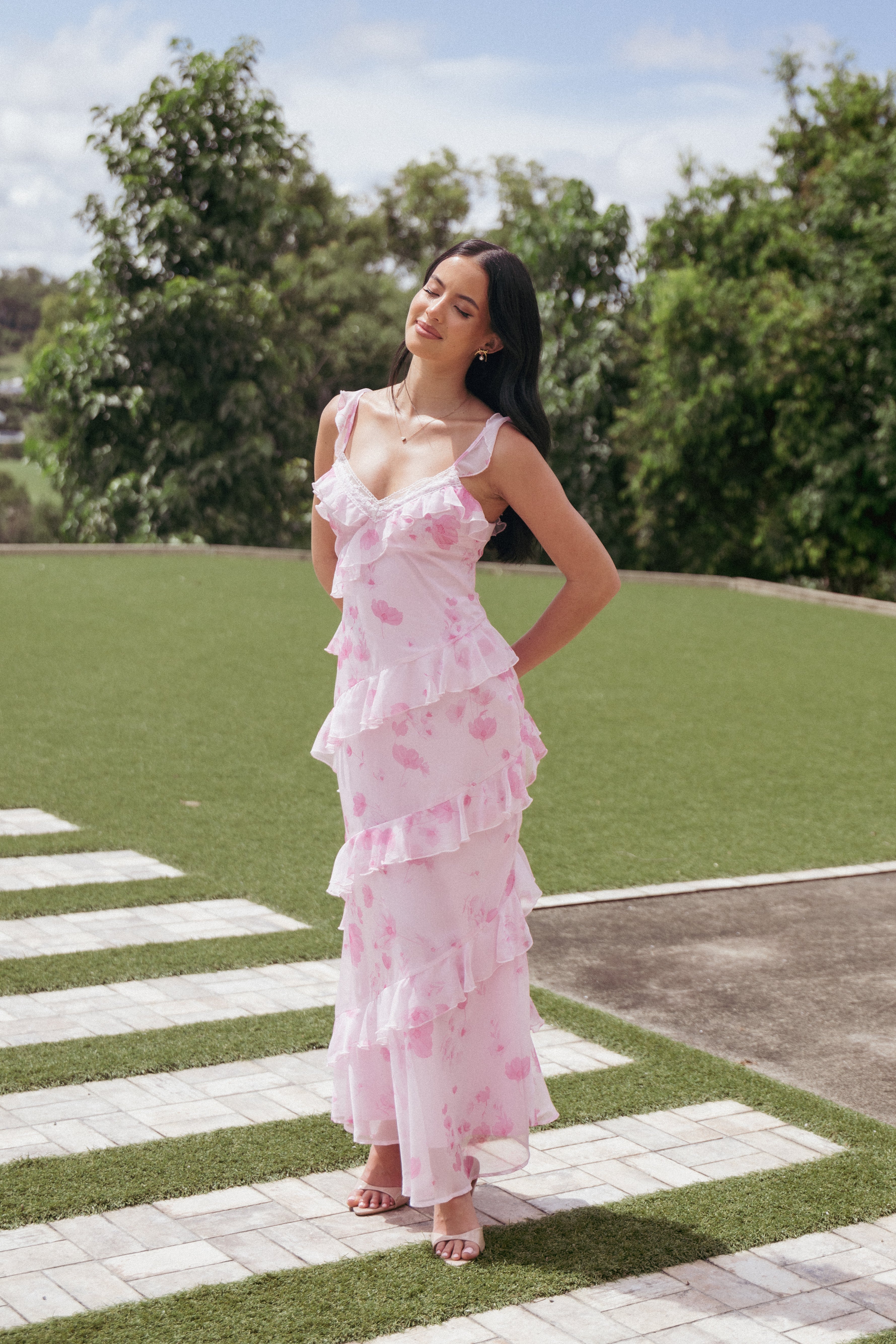 Lilac Floral Maxi Dress with V-Neck & Open Back Tie