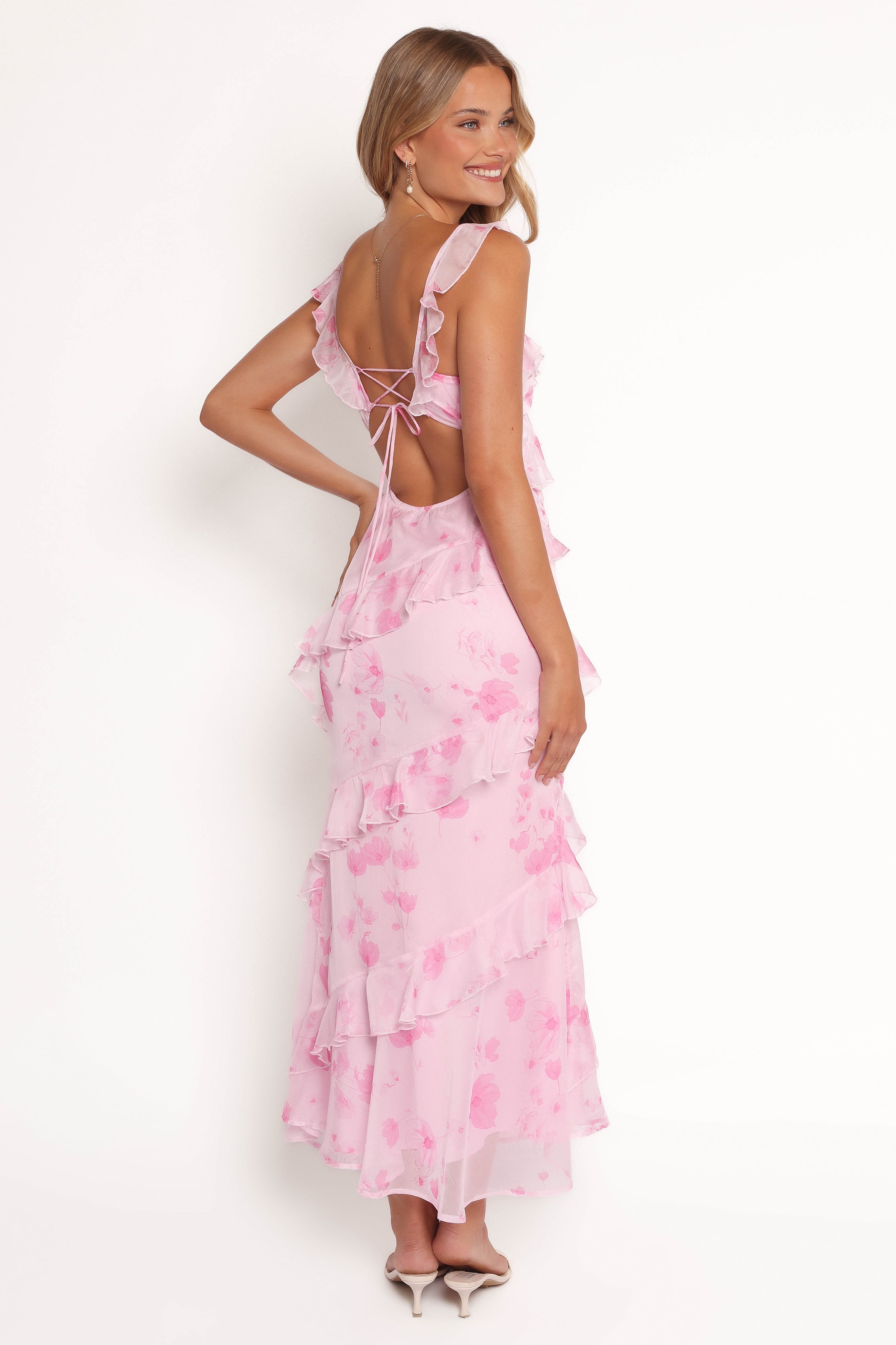 Lilac Floral Maxi Dress with V-Neck & Open Back Tie