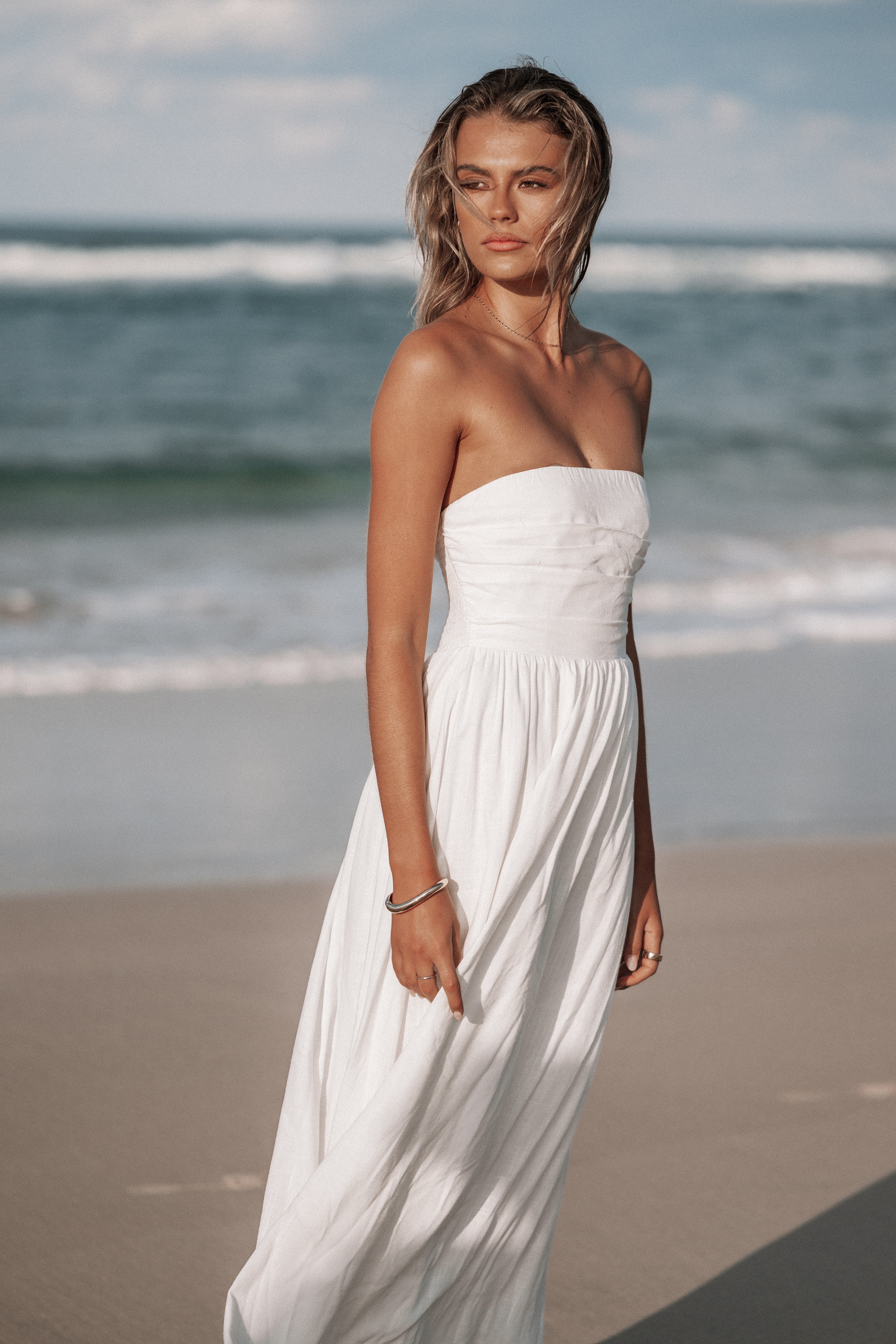 White Strapless Maxi Dress with Pleated Bodice - Kayt