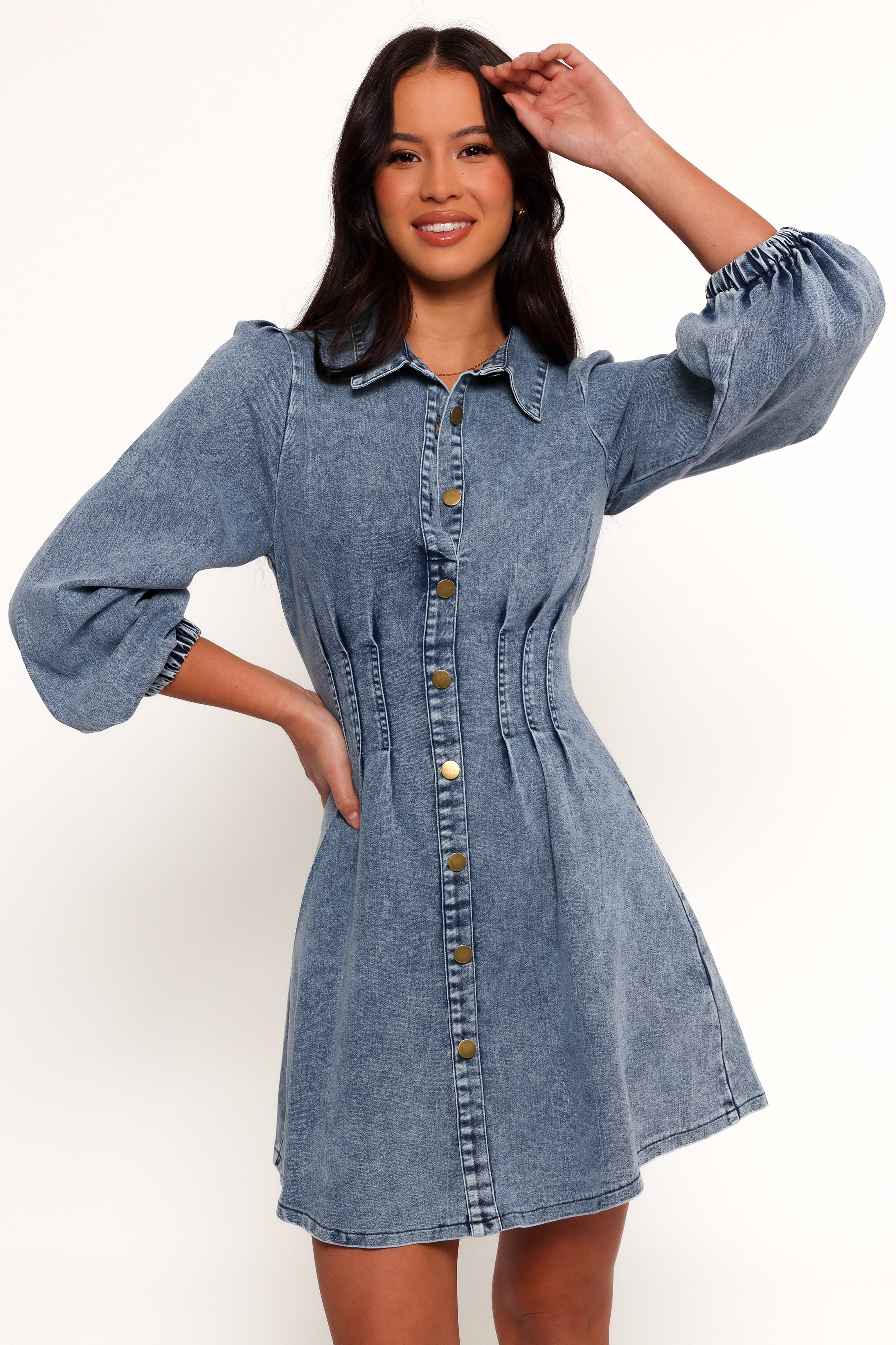 Denim Mini Dress with Long Sleeves - Phoenix Stretch Fit