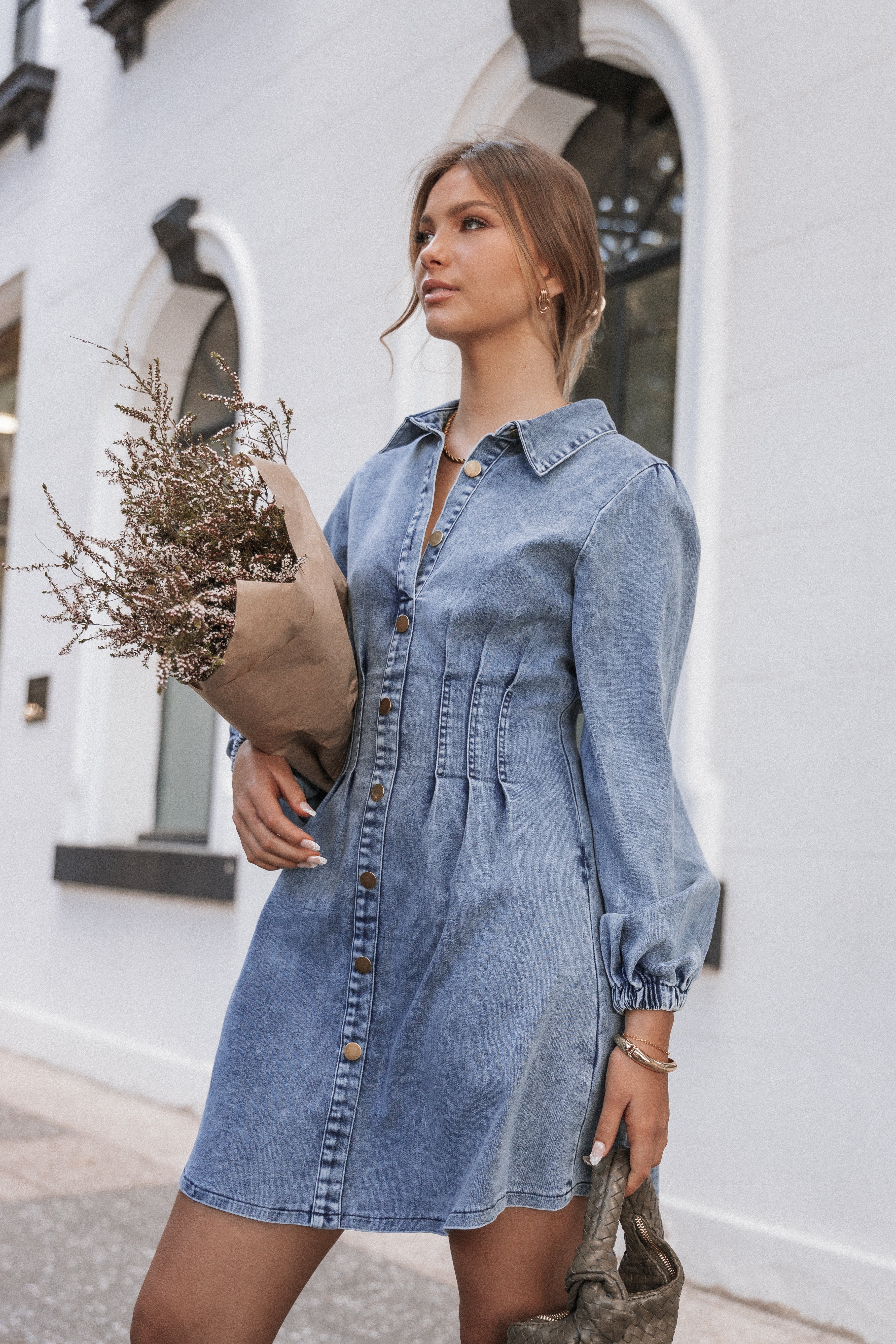 Denim Mini Dress with Long Sleeves - Phoenix Stretch Fit