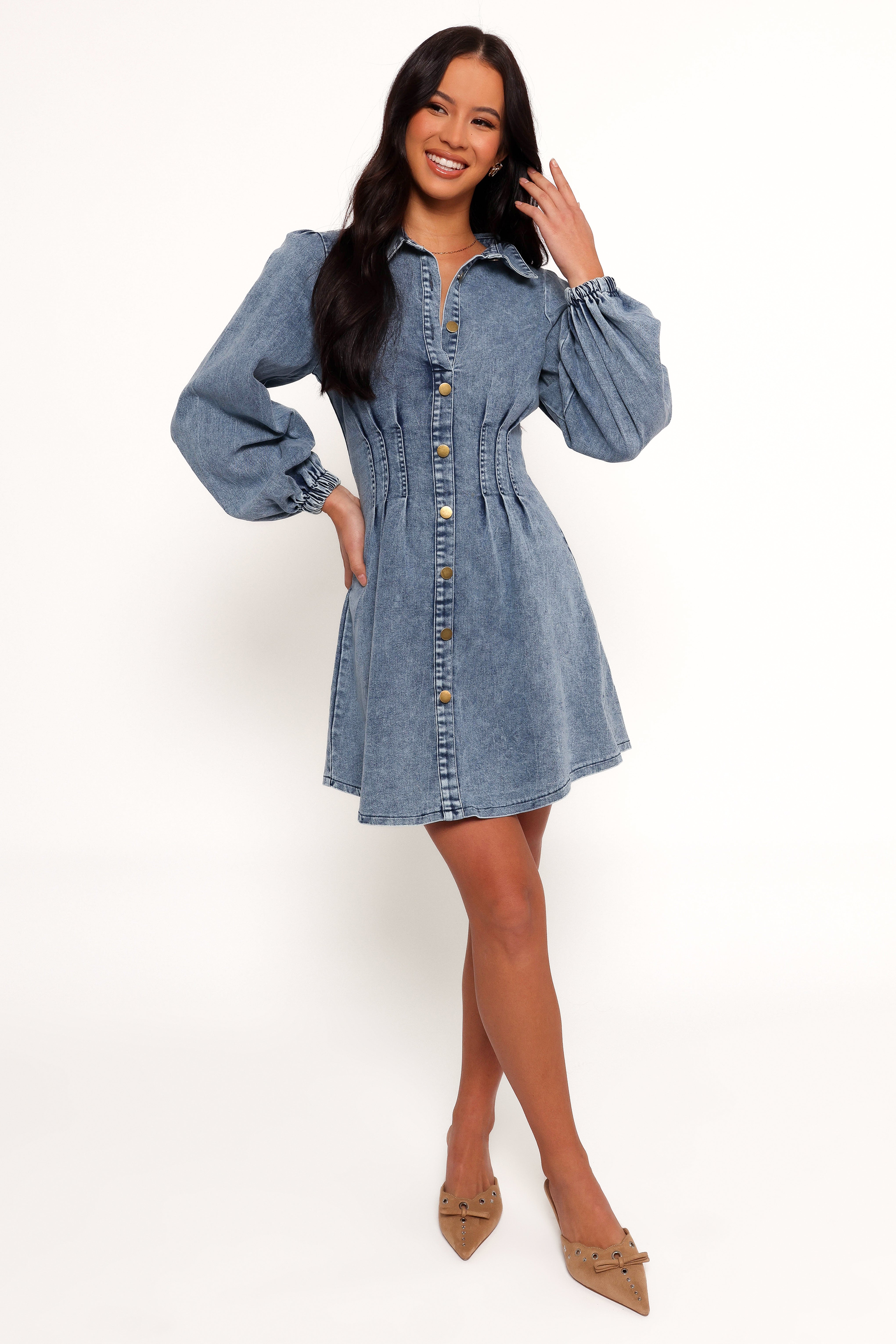 Denim Mini Dress with Long Sleeves - Phoenix Stretch Fit