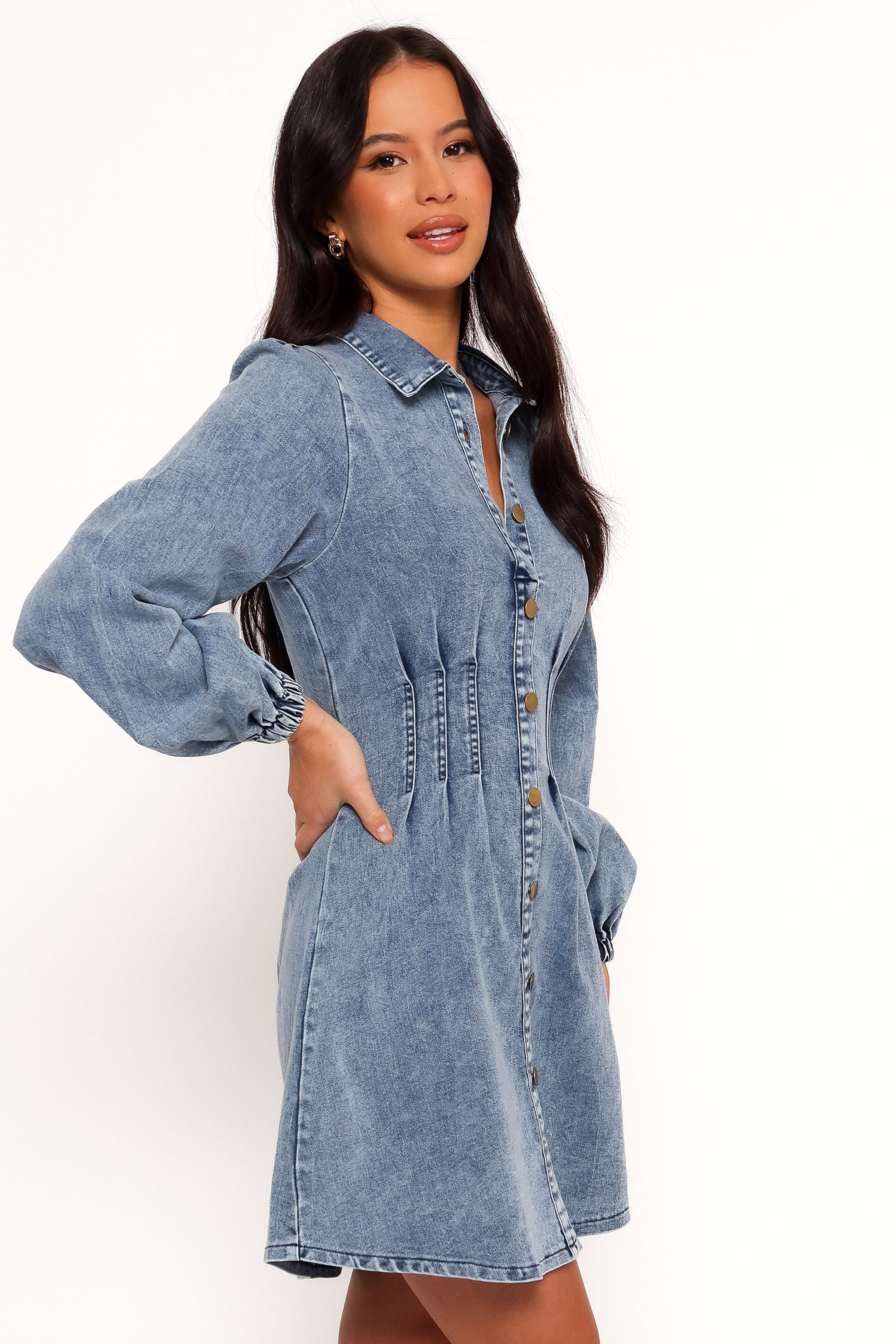 Denim Mini Dress with Long Sleeves - Phoenix Stretch Fit