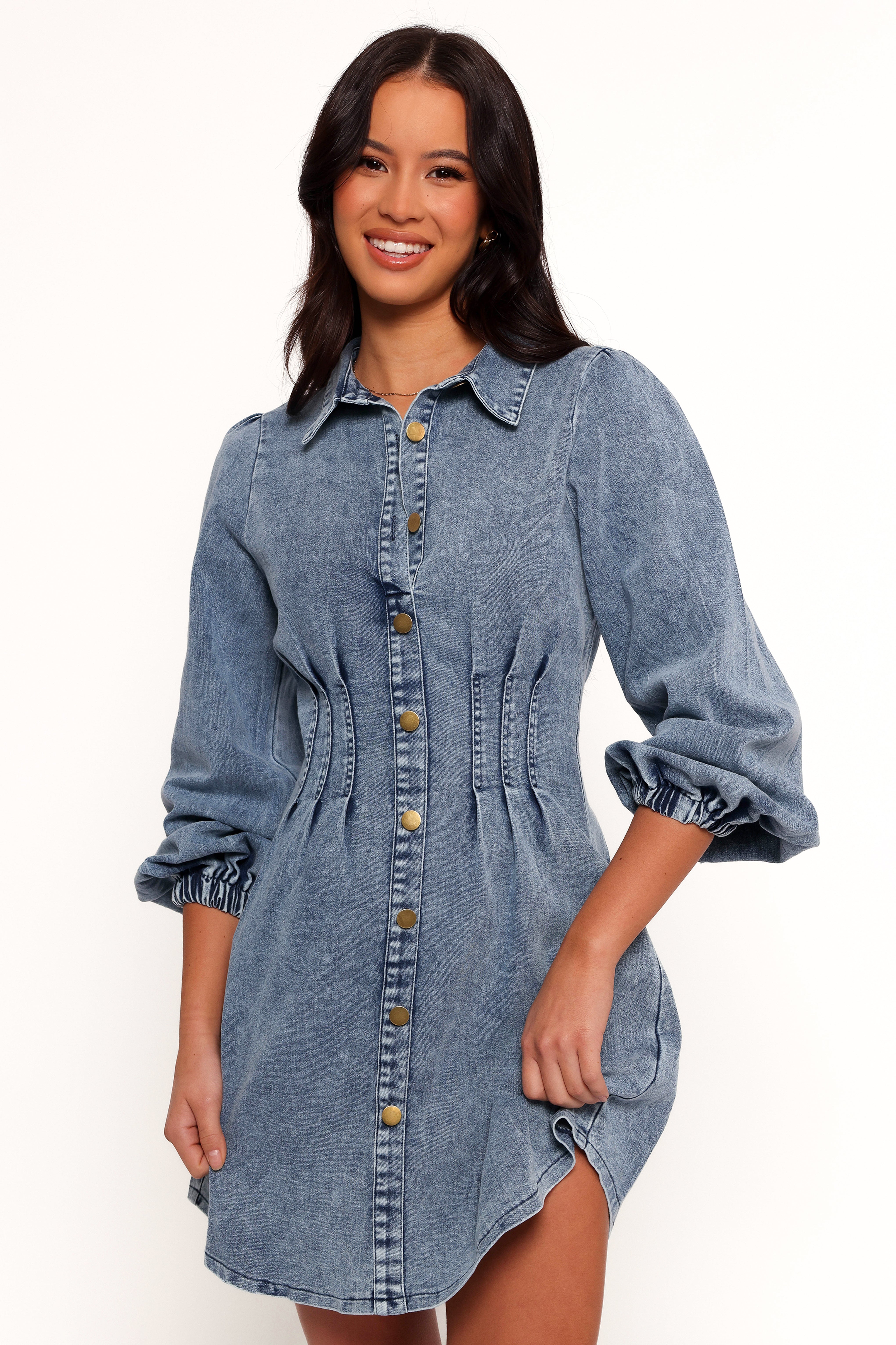 Denim Mini Dress with Long Sleeves - Phoenix Stretch Fit