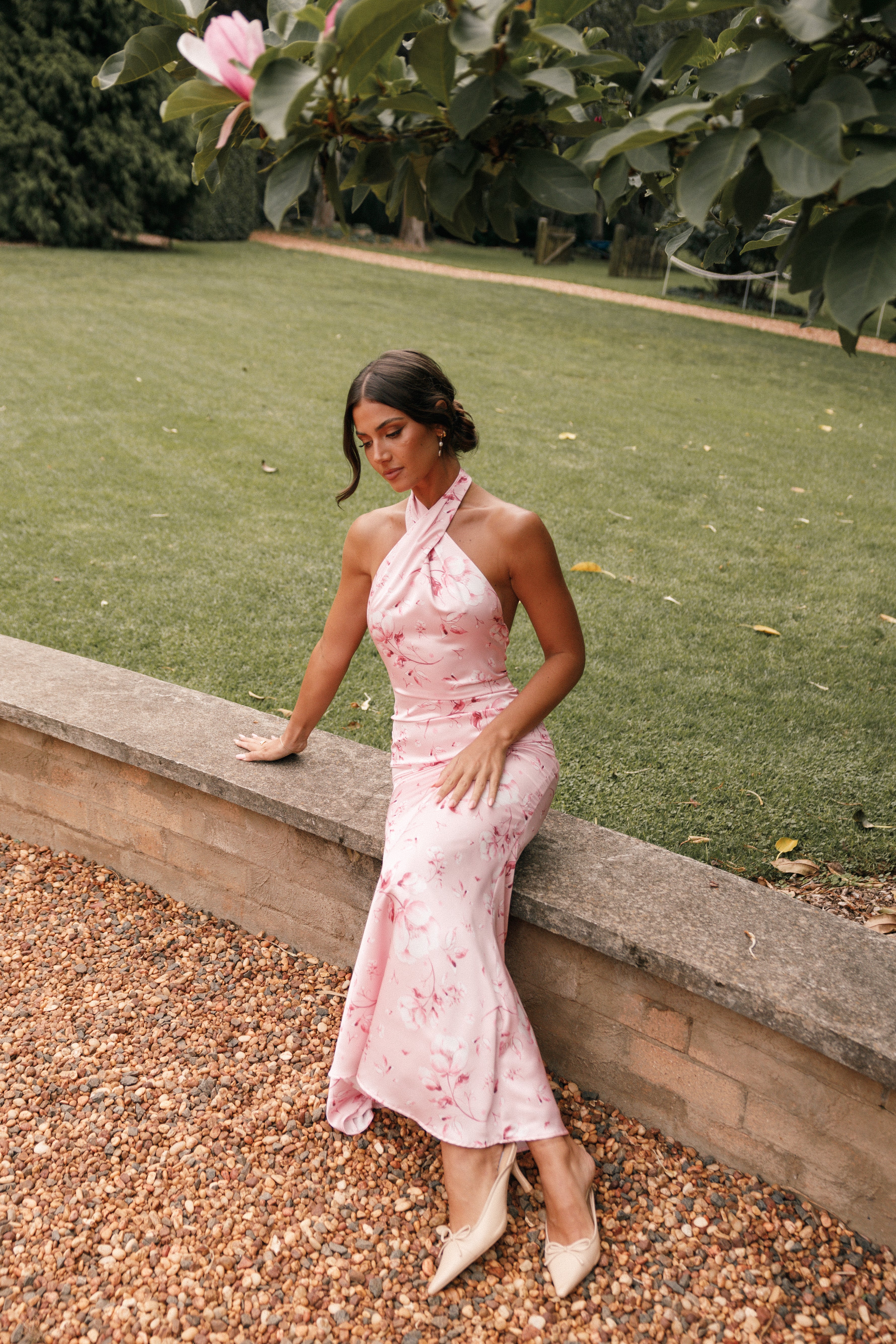 Pink Floral Halterneck Maxi Dress by Mila - Sleeveless Summer Dress