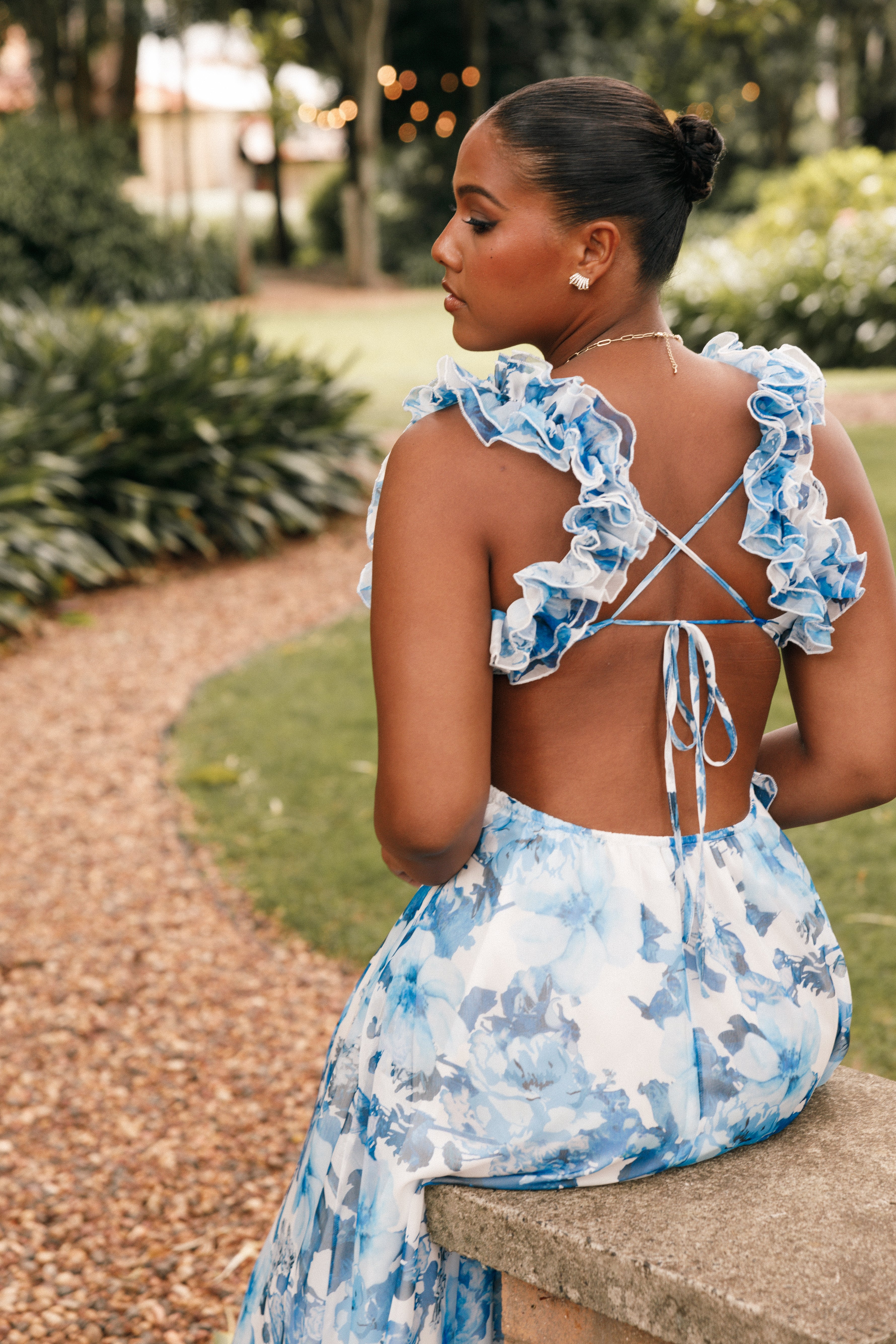 Floral Ruffle Shoulder Maxi Dress - Blue & White