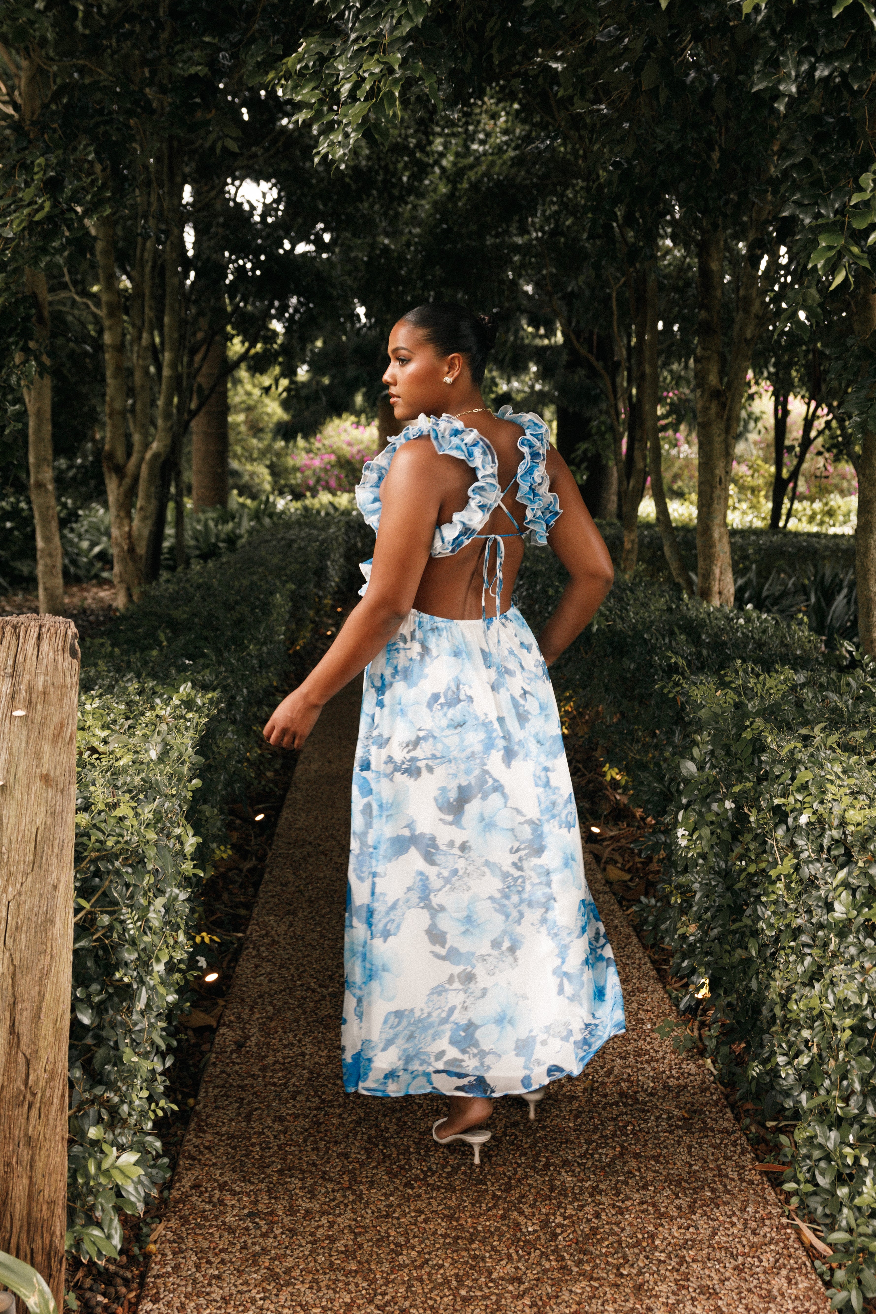 Floral Ruffle Shoulder Maxi Dress - Blue & White