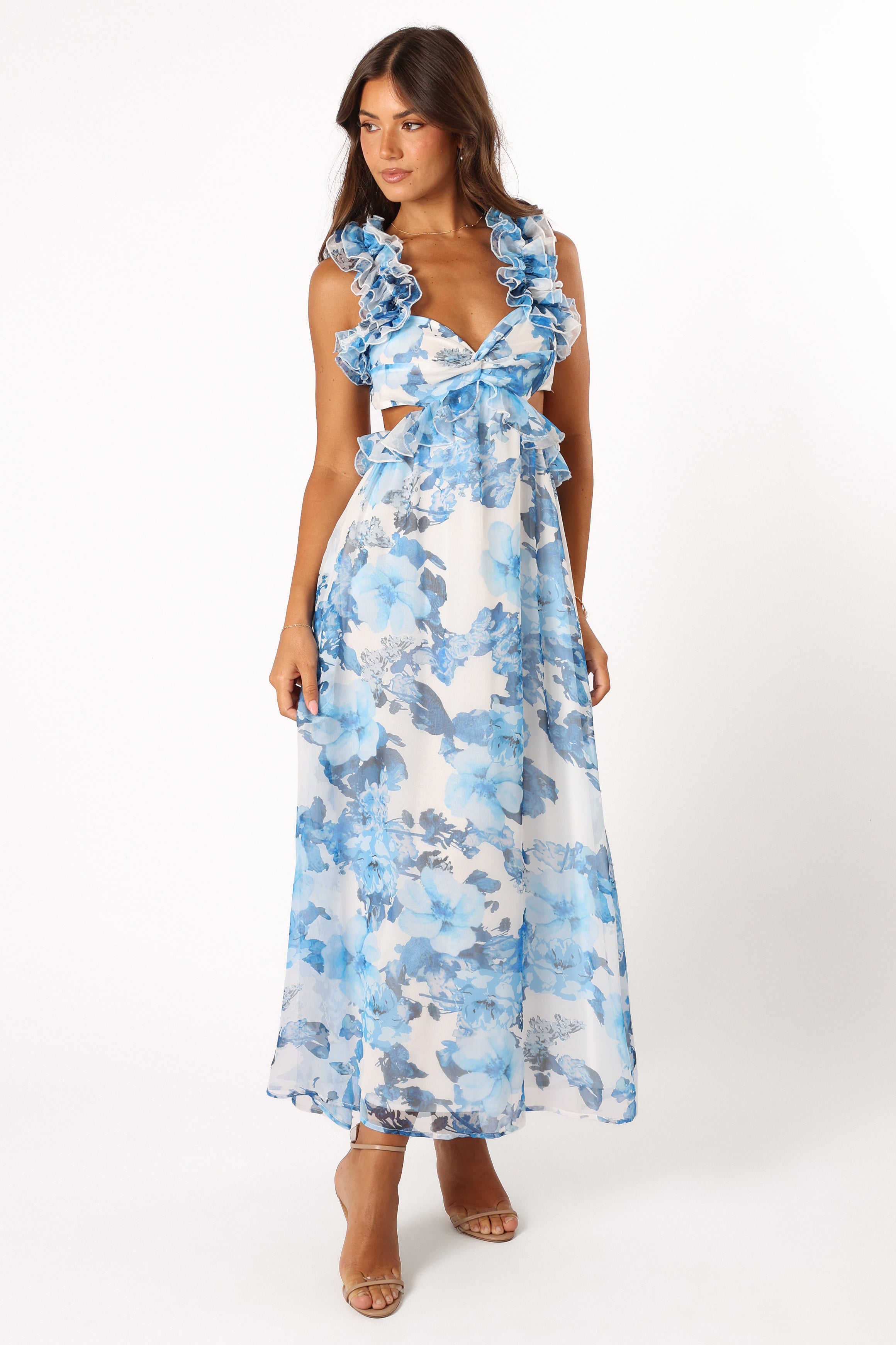 Floral Ruffle Shoulder Maxi Dress - Blue & White