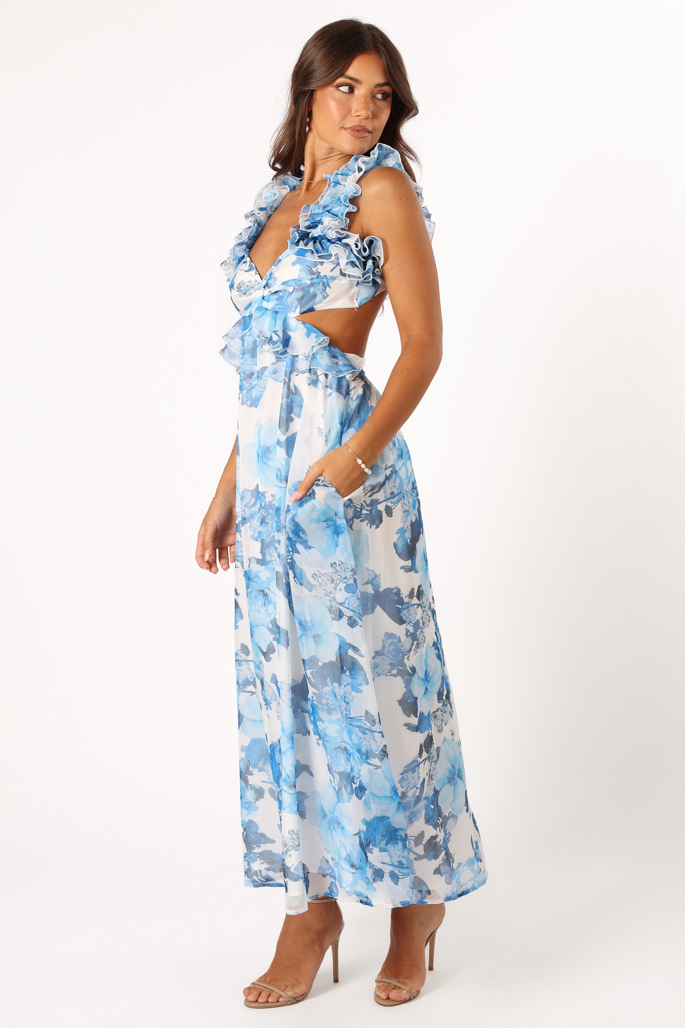 Floral Ruffle Shoulder Maxi Dress - Blue & White