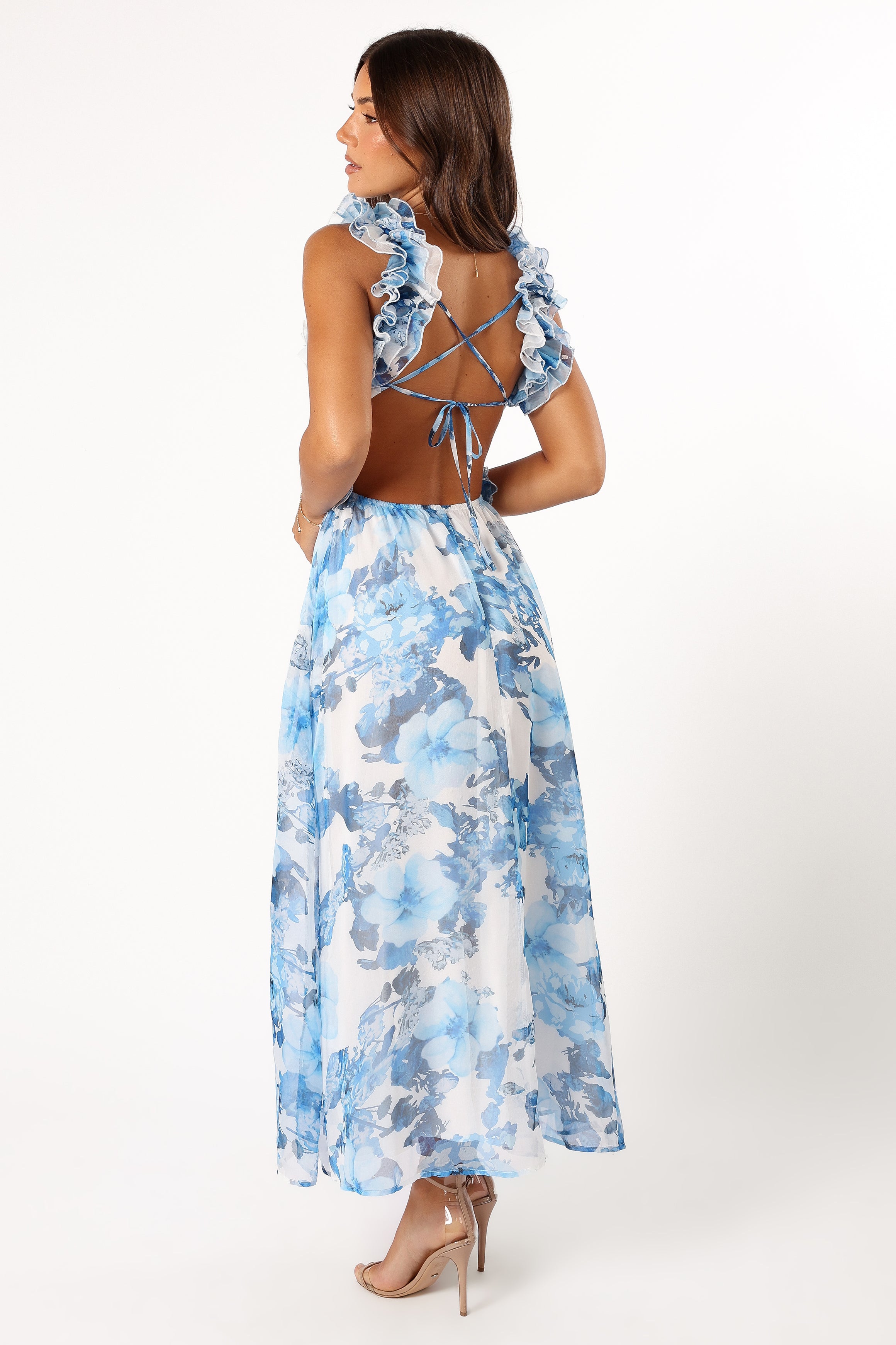 Floral Ruffle Shoulder Maxi Dress - Blue & White